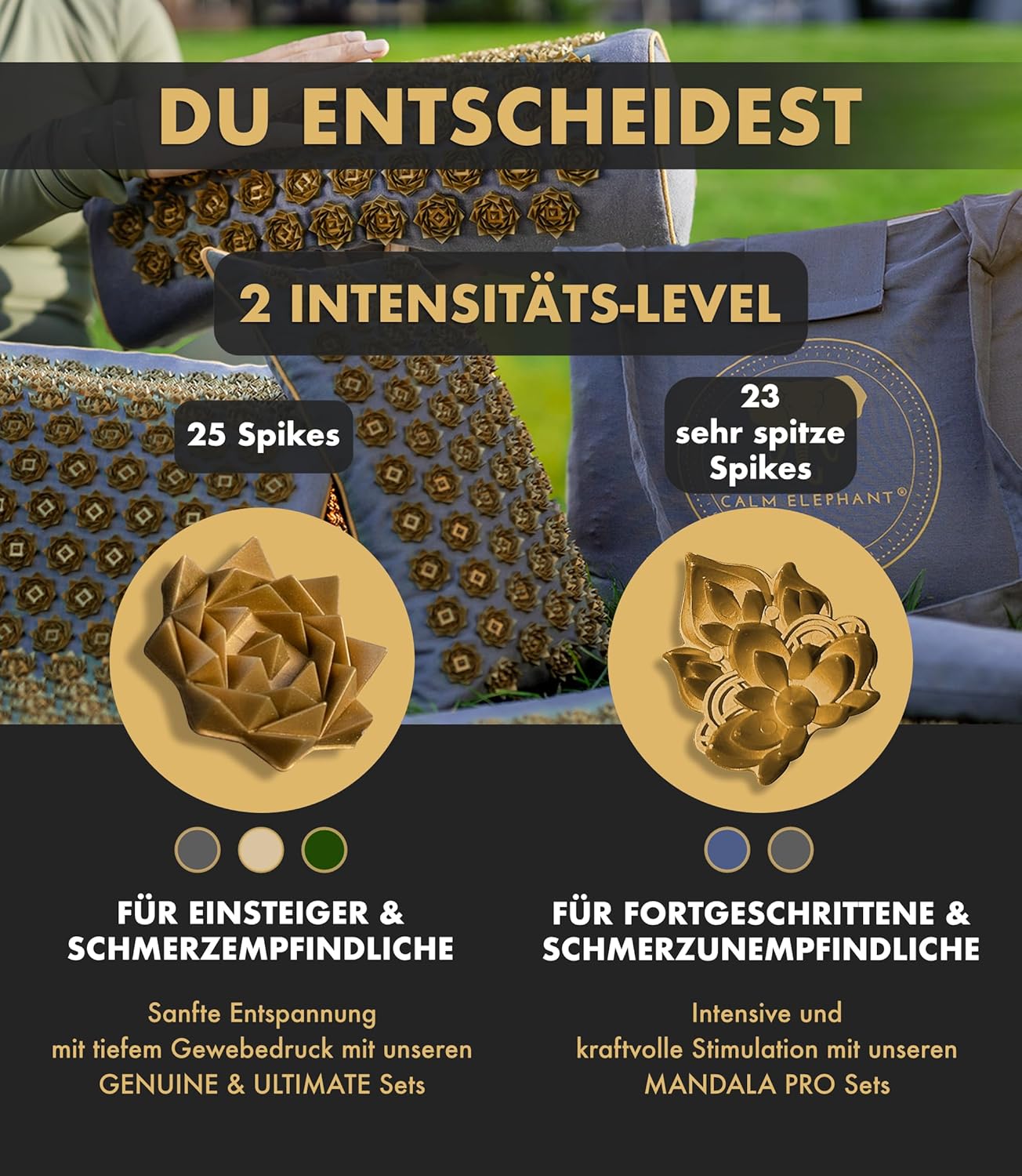 CALM ELEPHANT ORIGINAL® Akupressurmatte mit Kissen XXL Set GENUINE 5-teilig, Massagematte Rücken, Verspannungen lösen, Akupunktur Matte, Kissen mit Wärmefunktion, Lendenkissen, Fußmatte & Tasche, grau