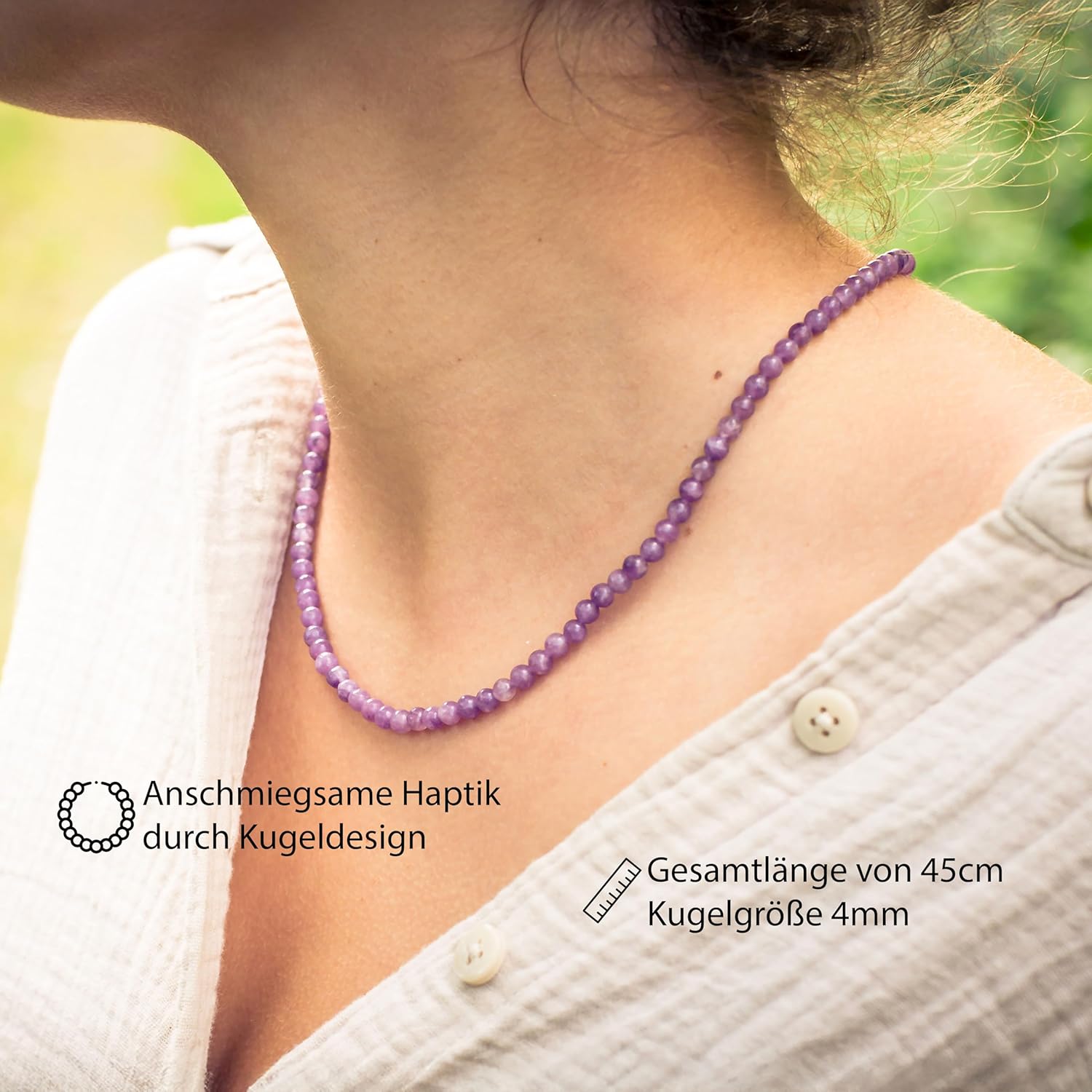 Lebensquelle Plus Edelstein Kugelkette + 925 Silber Verschluss | Ø 4mm Kugeln Karabinerverschluss 45cm lang | Hochwertige Kette