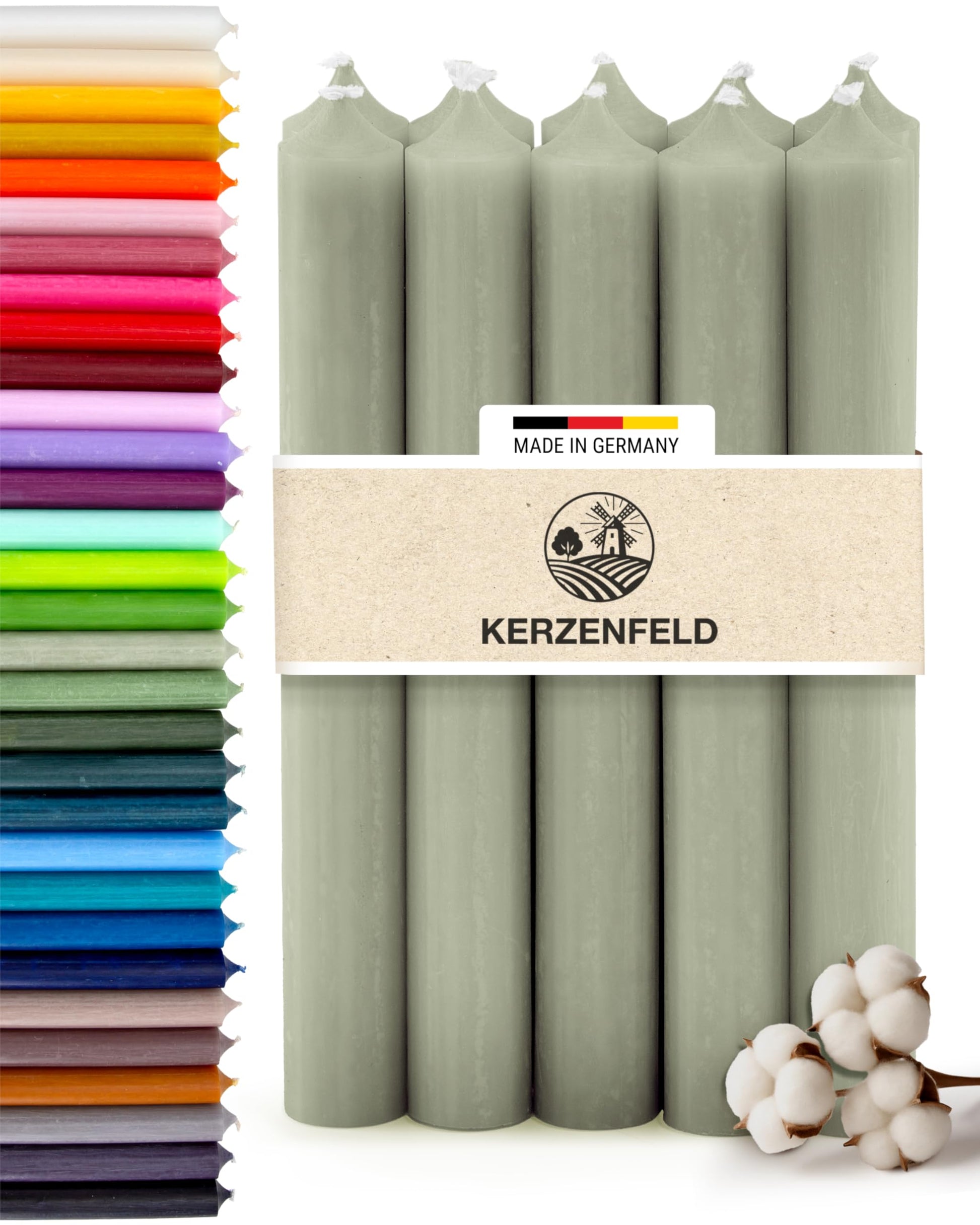 Bunte Stabkerzen Durchgefärbte, 10 Stück, 180mm x 22mm, Spitzkerzen, 8+ Stunden Brenndauer, Made in Germany - Ohne Tropfen & Rußen - Unparfümierte und RAL-Zertifizierte Tafelkerzen (Jade Grün)