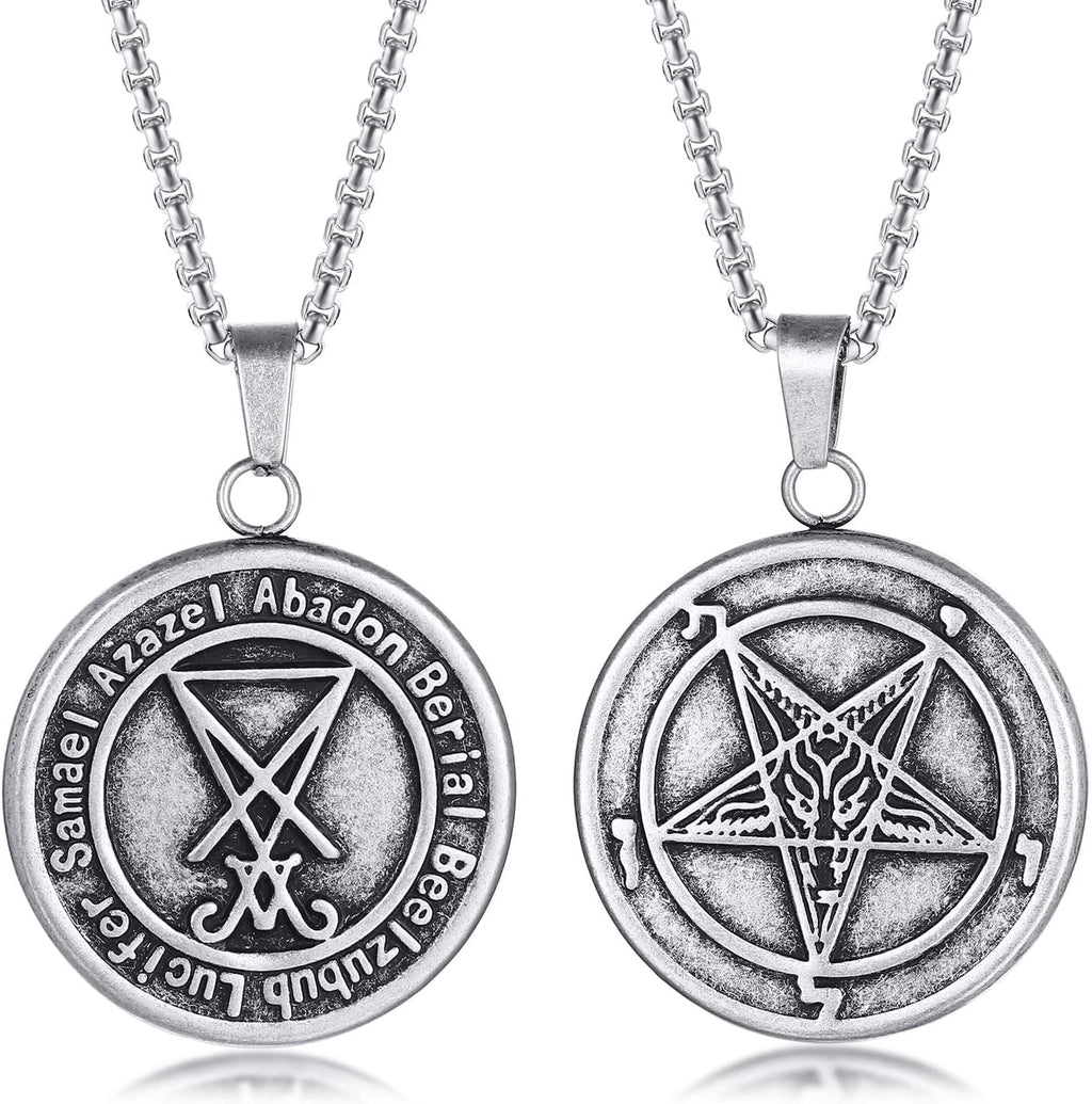 Herren Satanische Halskette : Edelstahl Satan Ziege Halsketten Zeichen von Luzifer Anhänger Umgekehrte Kreuz Anhänger Ziege Kopf Anhänger Leviathan Kreuz Symbol Anhänger Halloween Weihnachten Geschenk
