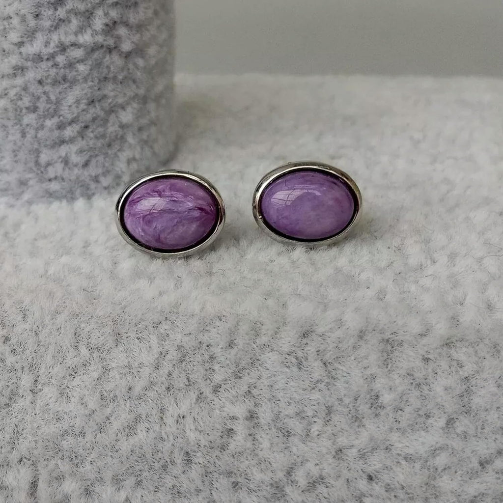 Natural Purple Charoite Earrings Oval Shape Bezel Set Stud Earrings 925 Silver