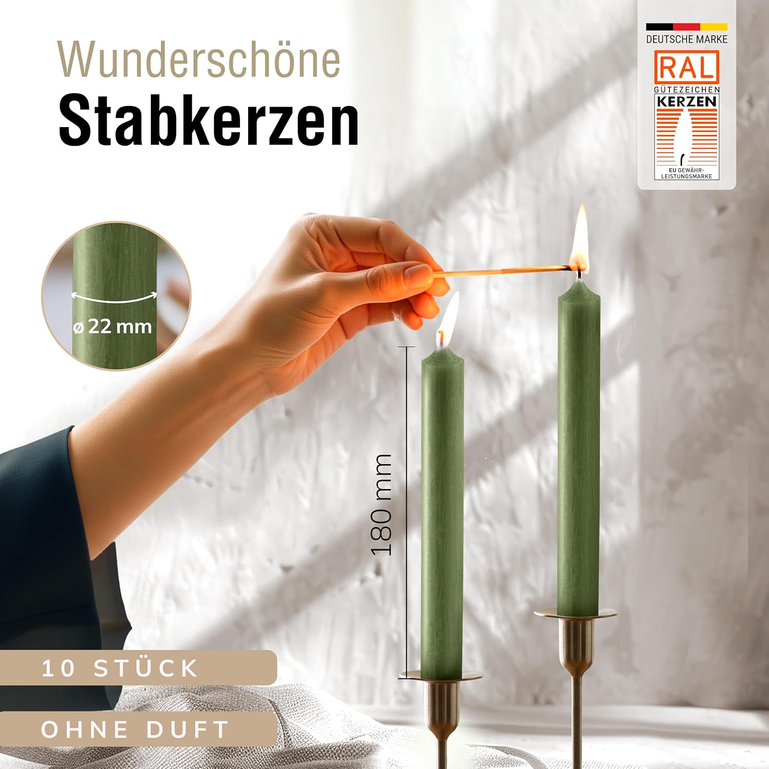 Bunte Stabkerzen Durchgefärbte, 10 Stück, 180mm x 22mm, Spitzkerzen, 8+ Stunden Brenndauer, Made in Germany - Ohne Tropfen & Rußen - Unparfümierte und RAL-Zertifizierte Tafelkerzen (Jade Grün)