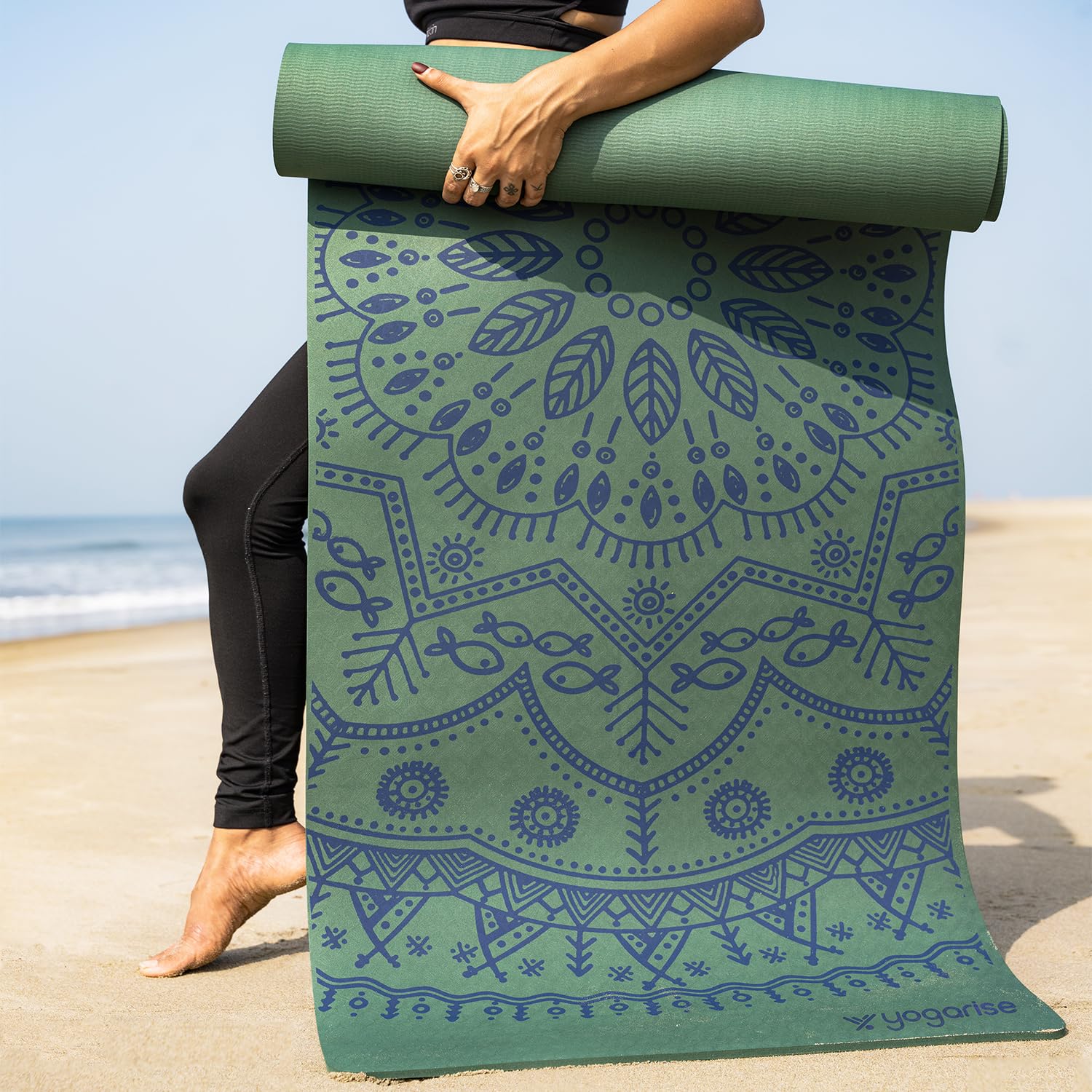 Yogarise 6mm Perfumed TPE Yoga Mat with Mandala Print and Carry Bag for Men and Women, Non-Slip Texture, Extra Wide & Thick TPE Exercise Mat For Home, Sweat-Resistant (Green)