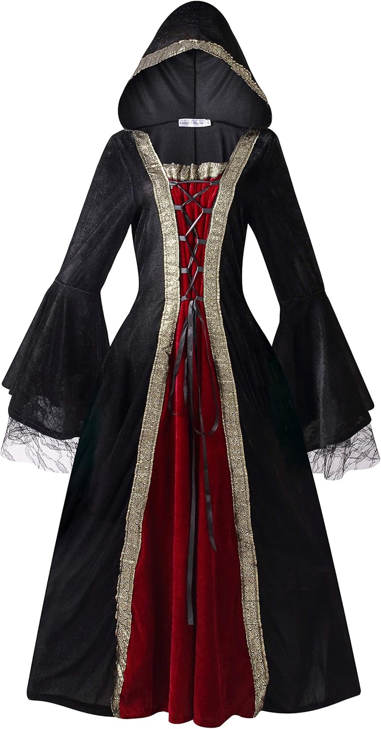 Colorful House Women Medieval Tea Party Dress Victorian Era Bubble Sleeves Velvet High Waist Long Dress with Belt and Gloves