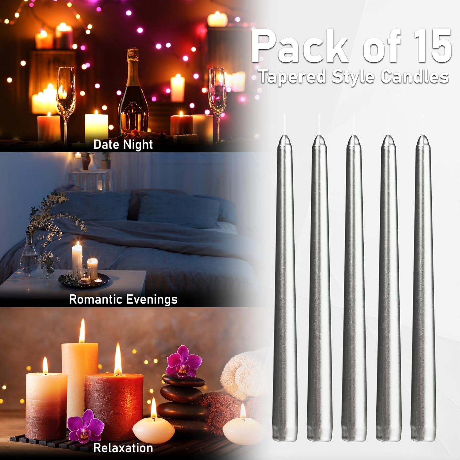 DECO EXPRESS Taper Candles Set of 6, 10, 15 or 50, Long Burning Time up to 8 Hours, Odourless (Silver, Set of 15)