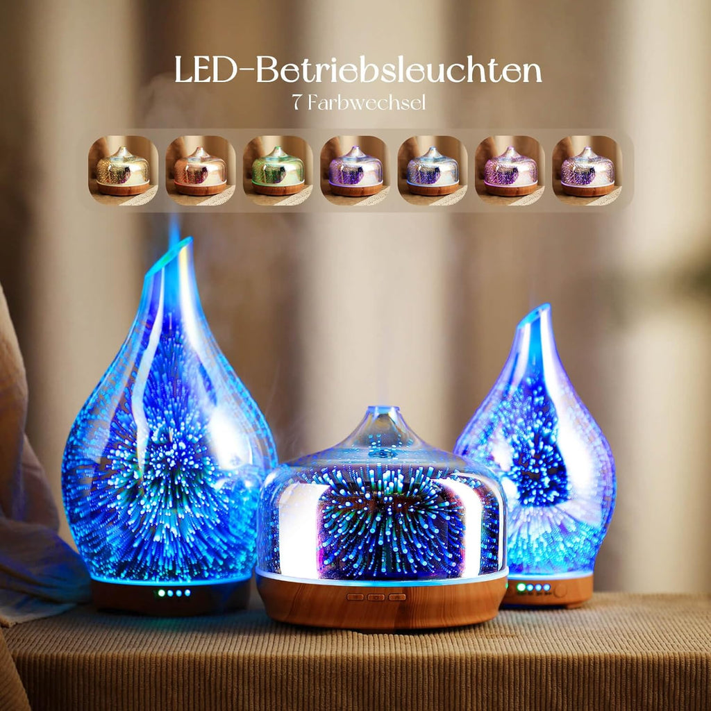 Porseme Aroma Diffuser 500ml, Handgeblasen 3D Glas Luftbefeuchter, Ultraschall Aromatherapie Öle Diffusor mit 7 farbigem LED Licht,Diffusor für Ätherische Öle Letzte 15-21 Stunden,BPA Frei für Wohnung