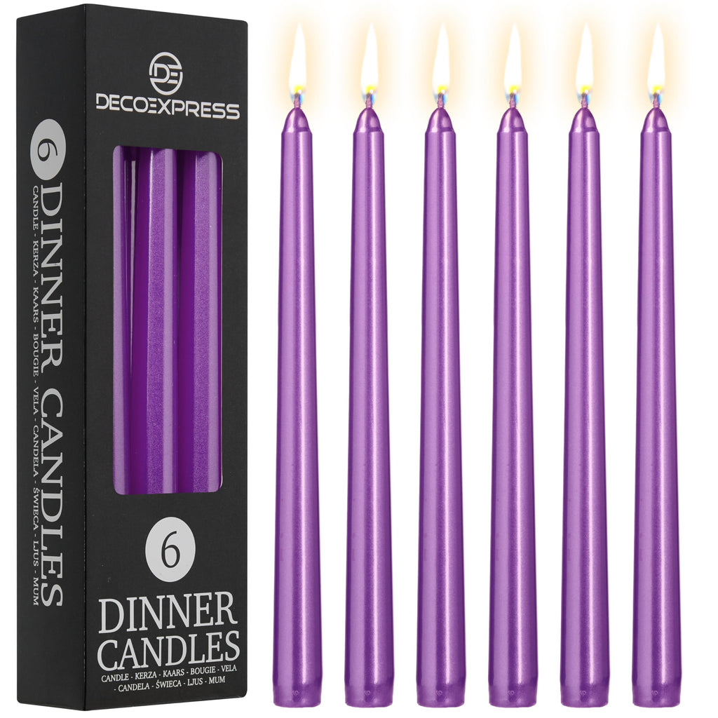 DECO EXPRESS Taper Candles Set of 6, 10, 15 or 50, Long Burning Time up to 8 Hours, Odourless (Purple, Set of 15)