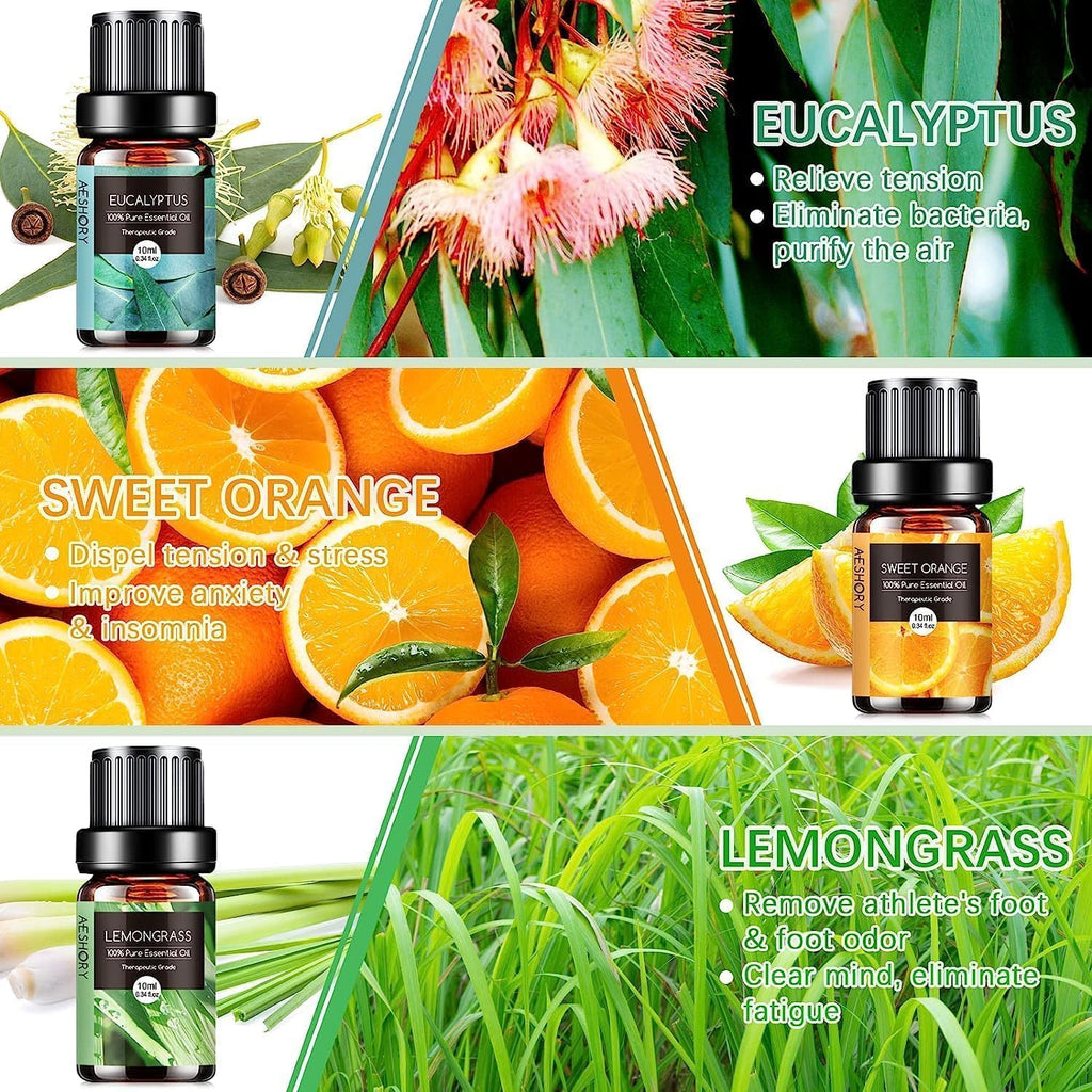 AESHORY Essential Oils Set for Diffuser 6 x 10 ml, 100% Natural Aromatherapy Fragrance Oil, Aroma Oil Gift Set for Soap, Candles, Humidifier, Spa - Lavender, Mint, Tea Tree, Sweet Orange, Eucalyptus