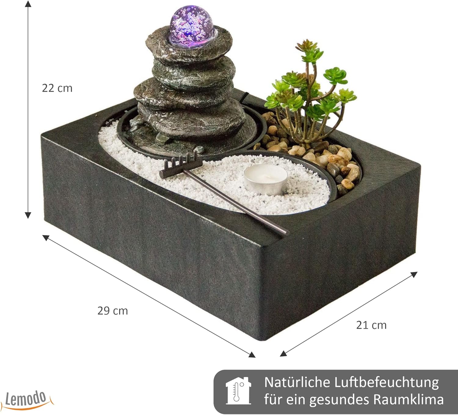 Zimmerbrunnen mit LED-Beleuchtung | Tischbrunnen mit Wasserfall und beweglicher Glaskugel | dekorativer Zierbrunnen mit Feng Shui Elementen | Springbrunnen mit Yin Yang Felsengarten für Zuhause