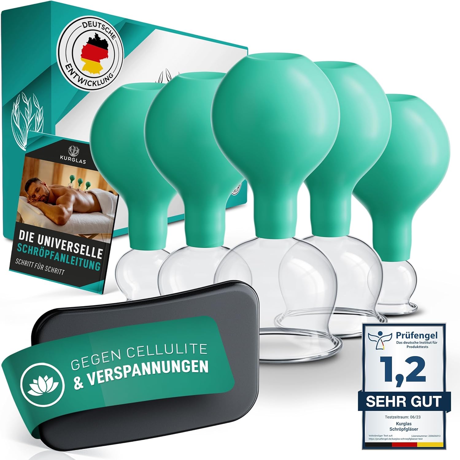 KURGLAS Cupping Glasses Made of Real Glass [Pack of 5] - Medical Cupping with Suction Ball and Fascia Scraper - with Strong Suction Power - Cupping Set with E-Book - Against Tension & Cellulite