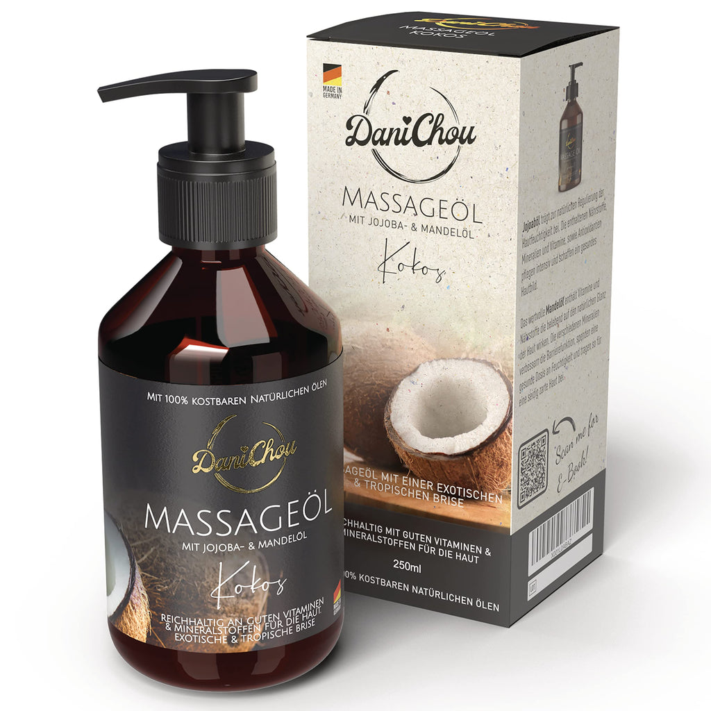 DaniChou Massage Oil Warming 250 ml - With Soy Oil & Almond Oil - Direct Warming, Relaxing Feeling - 100% Natural Cosmetics & Essential Oils - Massage Oil with Camphor - For Intense Relaxation