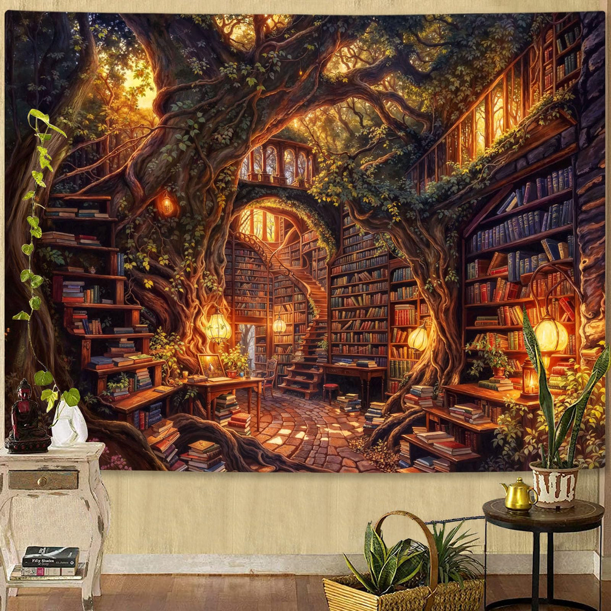 Accnicc Forest Library Tapestry Tree Bookshelf Tapestries Wall Hanging Vintage Fantasy Fairy Treehouse Book Large Tapestry for Bedroom Living Room Dorm Classroom 80 x 60 inch