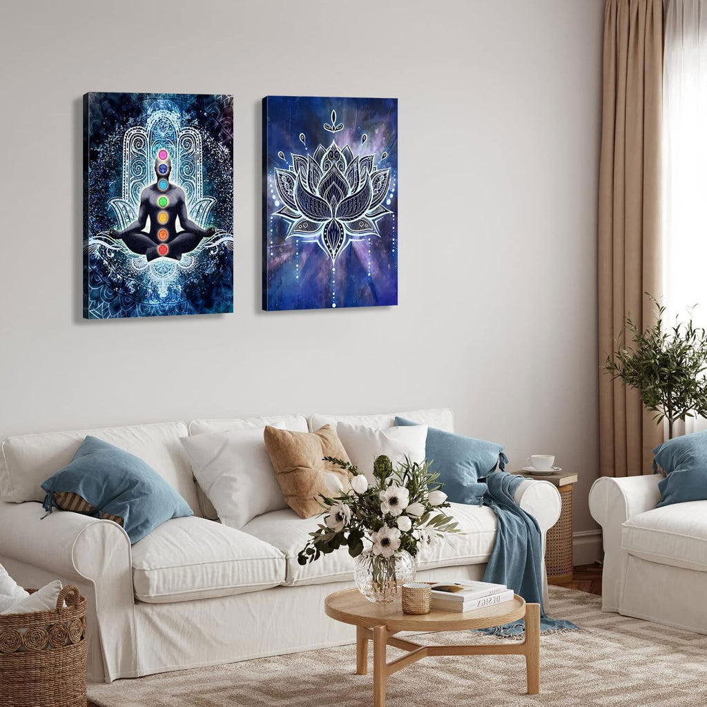 2 Pcs Framed Spiritual Canvas Wall Art Mural Chakra Meditation Poster Lotus Mandala Printed Zen Yoga Artwork Used Mindfulness Therapy Posters Bohemian Picture Home Decoration Gallery Wrapping 12X16Inch