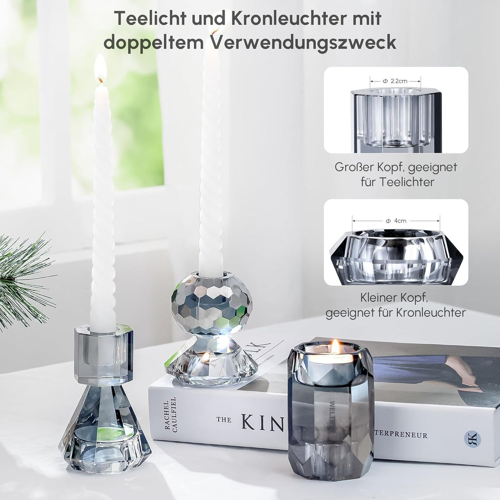 WELTRXE Kristall Kerzenhalter, 3er Set transparente Teelichthalter für Stabkerzen und Teelichter, 2-in-1-Design-Kerzenhalter aus Kristall für Tischdekorationen, Hochzeiten, Party (Grau)