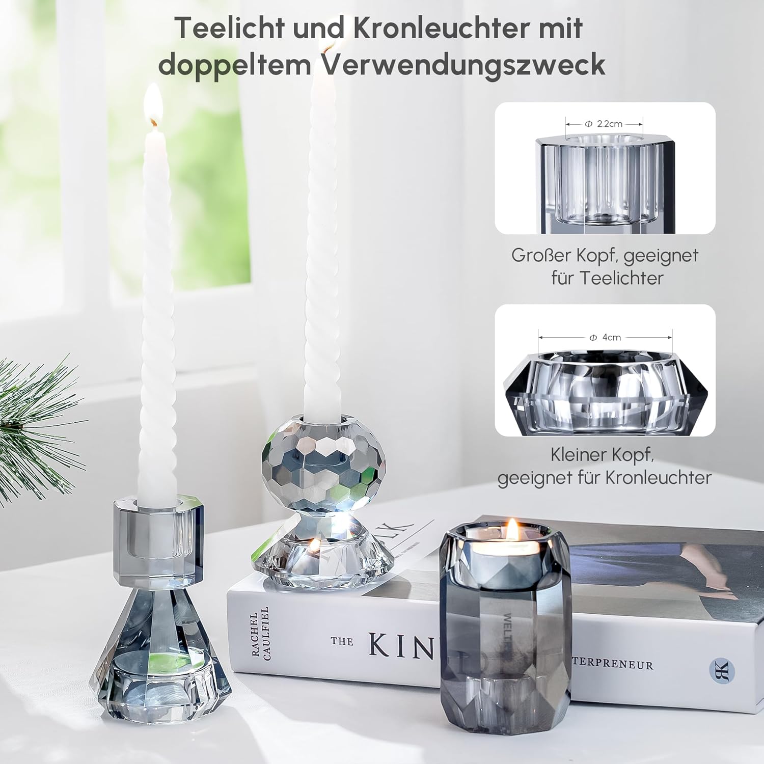 WELTRXE Kristall Kerzenhalter, 3er Set transparente Teelichthalter für Stabkerzen und Teelichter, 2-in-1-Design-Kerzenhalter aus Kristall für Tischdekorationen, Hochzeiten, Party (Grau)