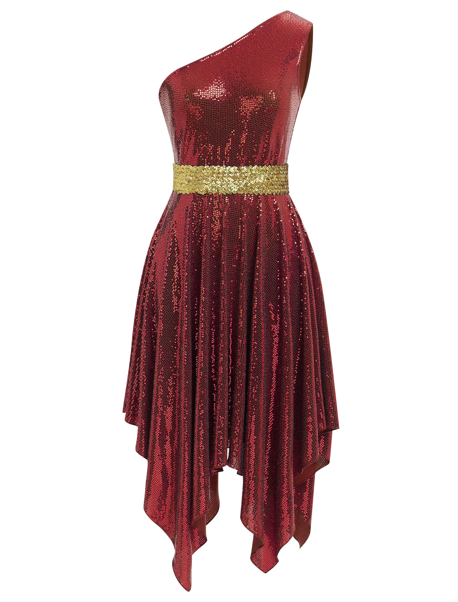 IBAKOM Women Sparkly Praise Dance Tunic Dress One Shoulder Gltter Sequins Worship Overlay Adult Church Liturgical Dancewear