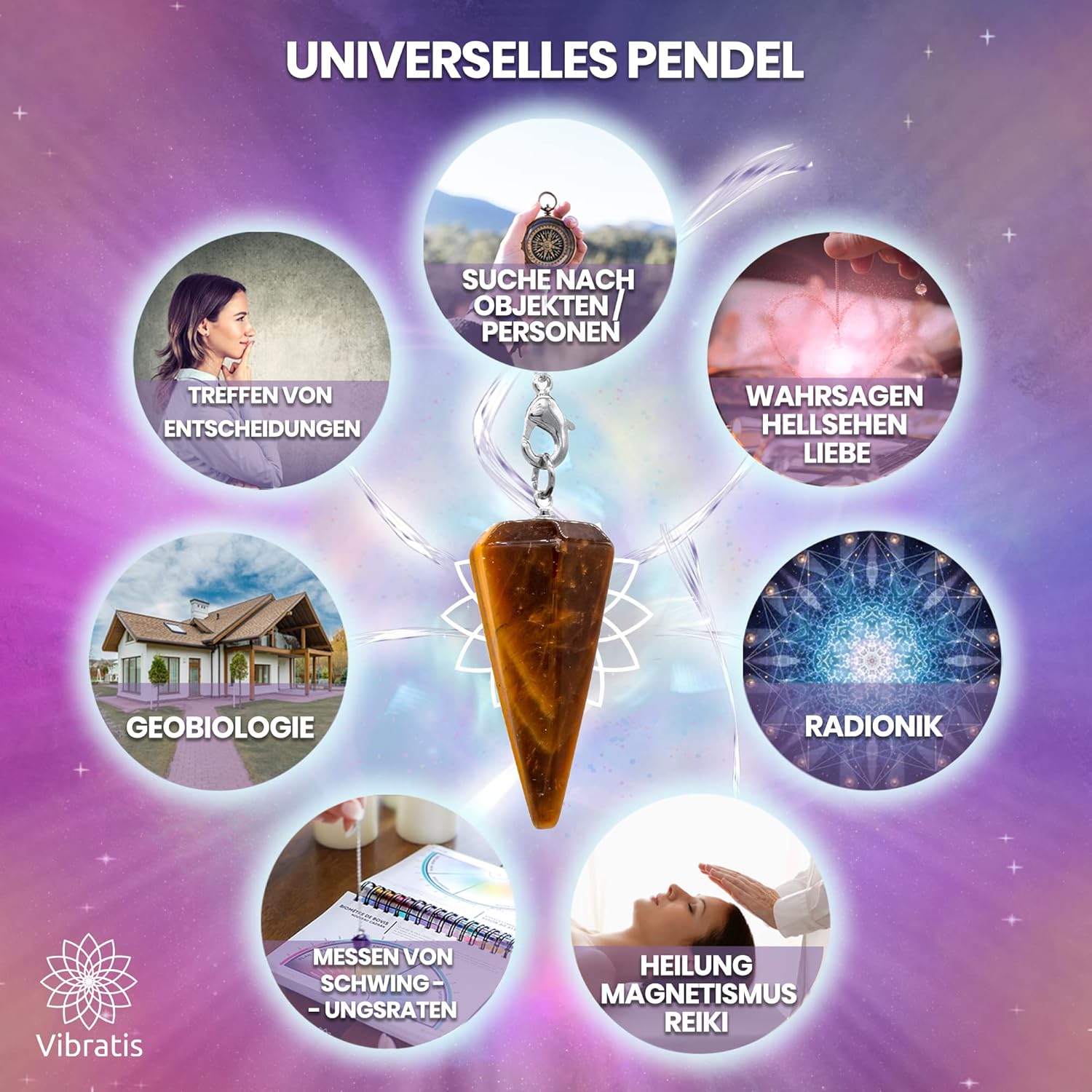 Vibratis Radiesthesia Stone Tiger's Eye Cone Pendulum - Medium