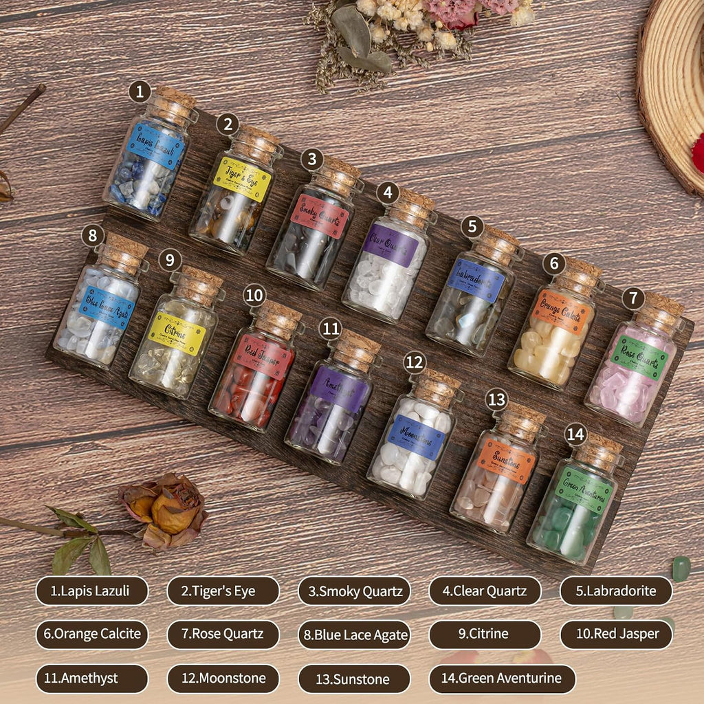 Crystals for Witchcraft in Bottles,14pcs of Crystal Sets for Witchcraft Supplies,Real Crystals and Healing Stones,Wiccan Supply Tool,Mini Gemstones,Chakra Healing Crystals