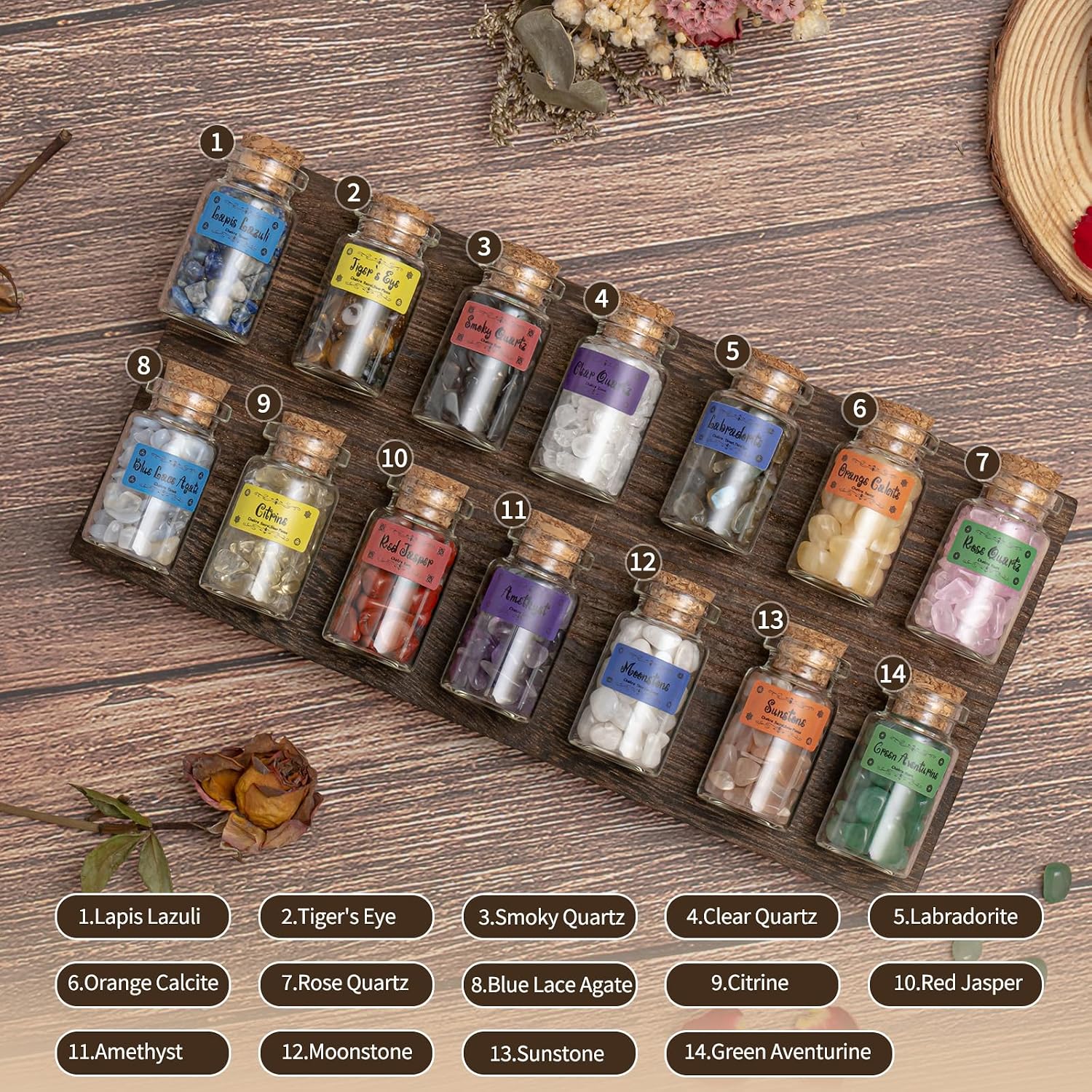 Crystals for Witchcraft in Bottles,14pcs of Crystal Sets for Witchcraft Supplies,Real Crystals and Healing Stones,Wiccan Supply Tool,Mini Gemstones,Chakra Healing Crystals