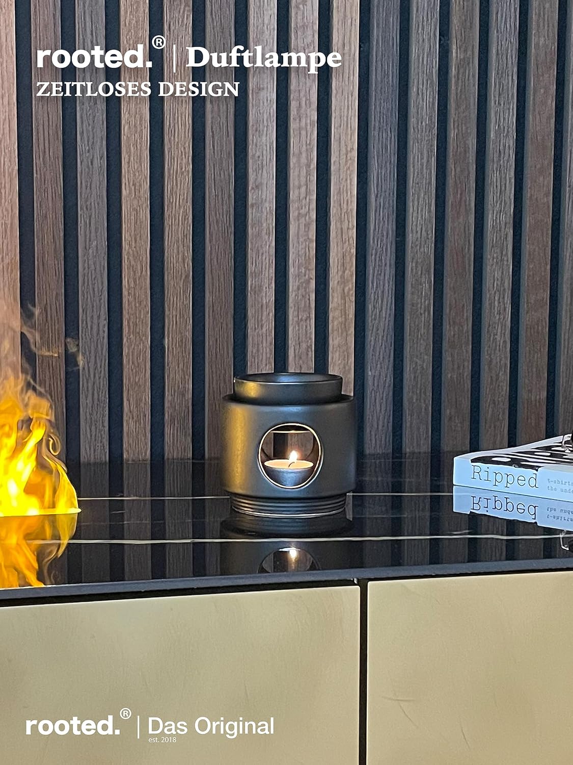 rooted.® Aroma Lamp Ambience Tea Light Design Aroma Lamp Made of Ceramic Warmer for Essential Oils, Fragrance Oil and Scented Wax Matt Black German Brand Quality