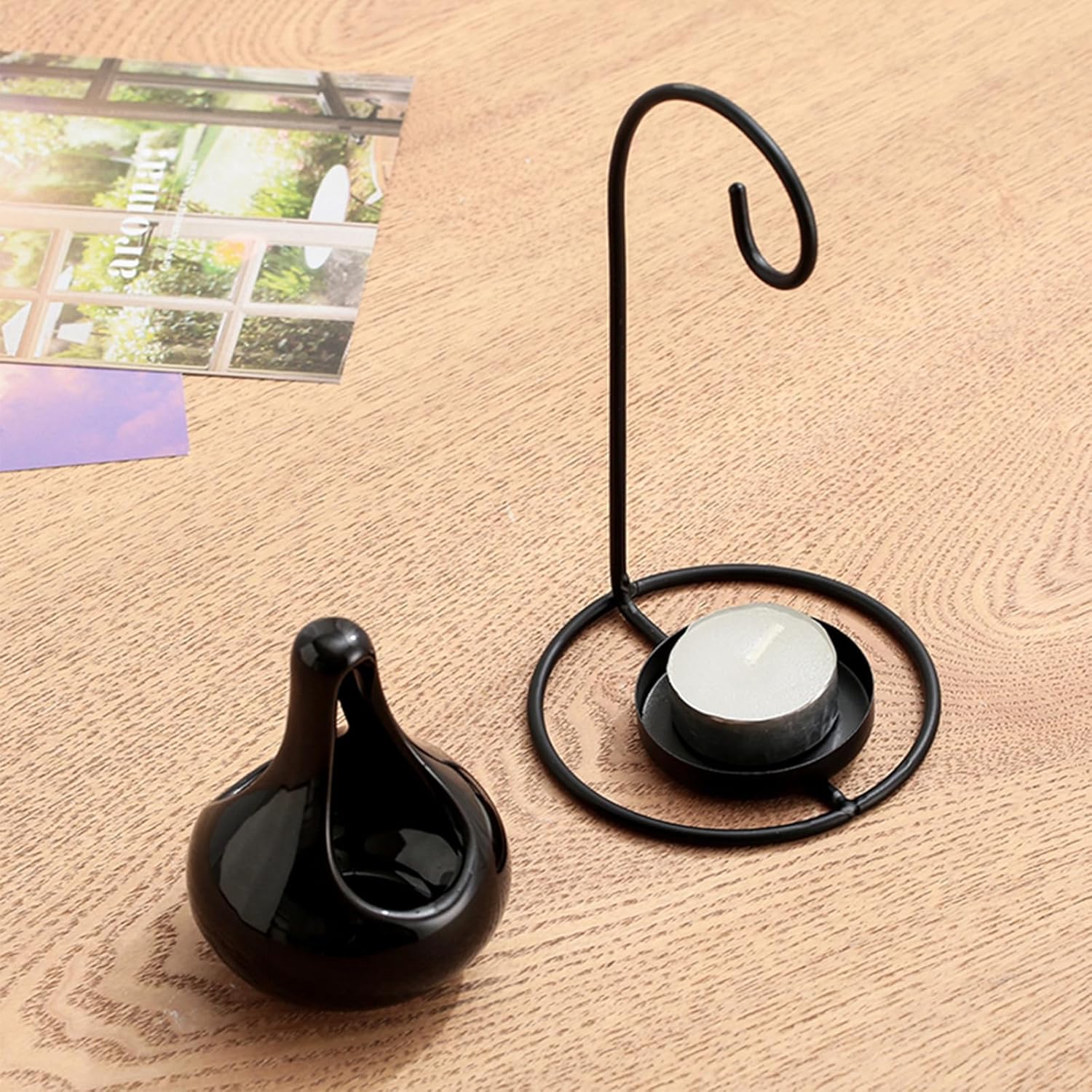 WD&CD Ceramic Oil Burner, Aroma Lamp, Tea Light Holder with Candle Spoon, Aroma Diffuser, Black