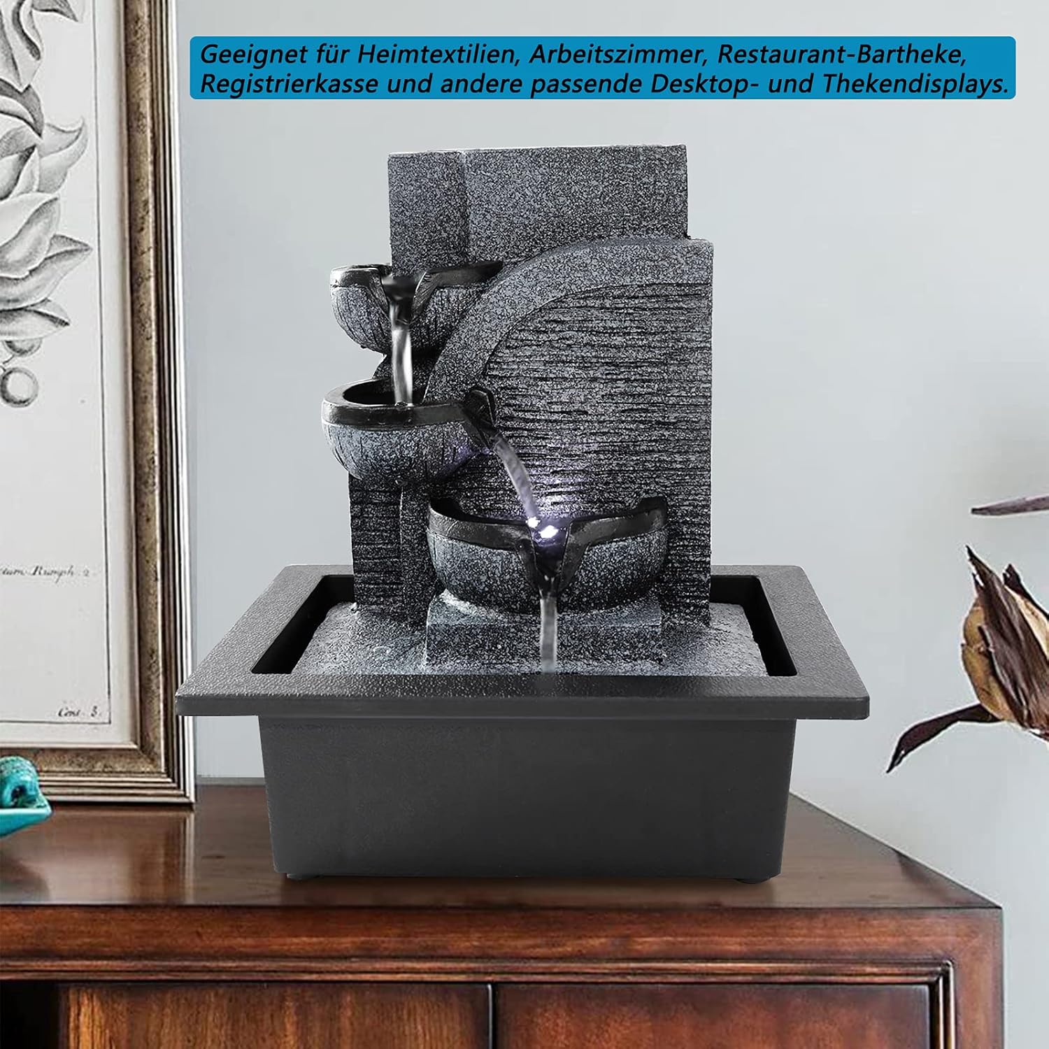 Dyna-Living White Light LED Indoor Fountain, Living Room Desk Fountain Decoration with Lighting, Resin, 23 x 17.5 x 27 cm