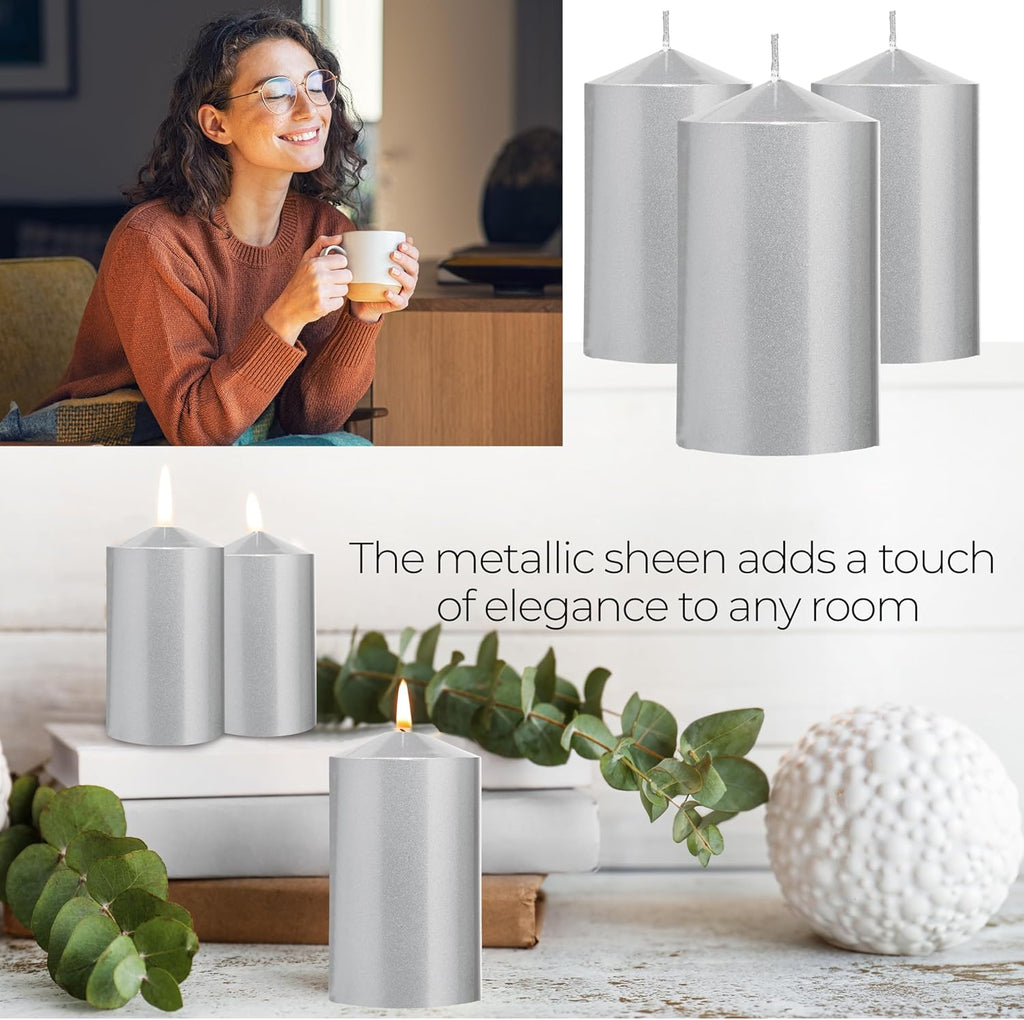 DECO EXPRESS Metallic Pillar Candle Set, 3 Pack, Candles Long Burn Time, 30 Hours, Odourless (Silver - Pack of 3)