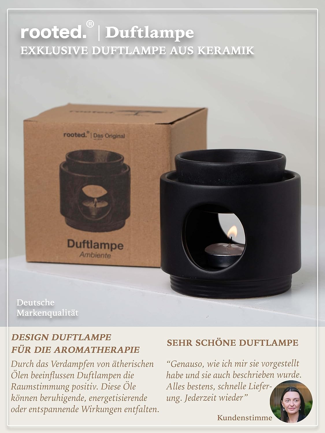 rooted.® Aroma Lamp Ambience Tea Light Design Aroma Lamp Made of Ceramic Warmer for Essential Oils, Fragrance Oil and Scented Wax Matt Black German Brand Quality
