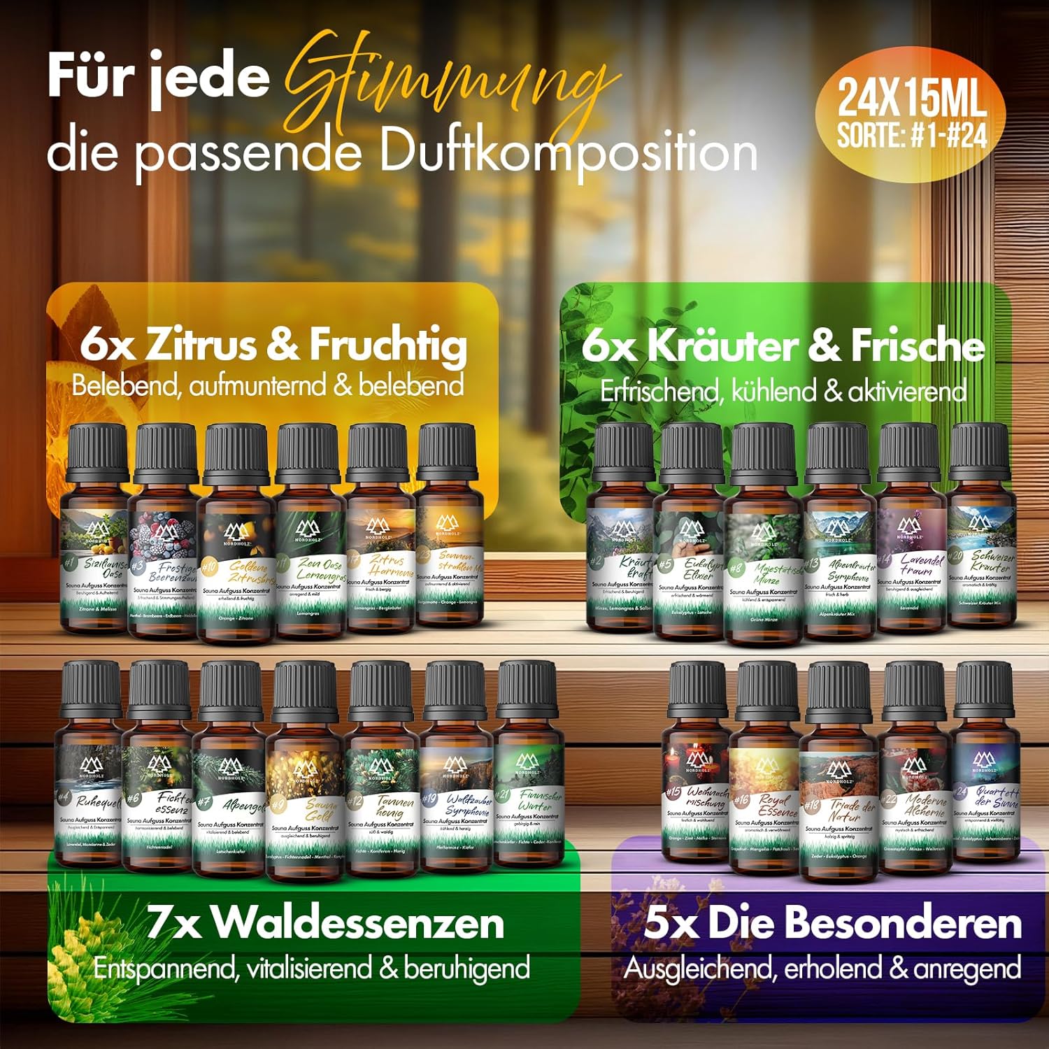 NORDHOLZ® Saunaaufguss Discovery Box 24x15ml [ #1-#24 NATURREINE ÄTHERISCHE ÖLE] Sauna Aufgussmittel - Sauna Aufguss aus Franken - Sauna Zubehör
