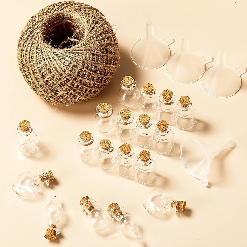 Geiserailie 50 Pcs Mini Glass Jars with Cork Stoppers,Style A,Transparent | With Eye Screws Funnel Jute Twine, 4 Shapes for Spell Jars Wishing Bottles Witchcraft DIY Crafts Party Decor Jewelry Making