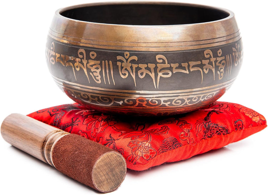 Premium Tibetan Singing Bowl Set – Handmade in Nepal Sound & Meditation Bowl – Spiritual Decor for Yoga, Wellness Spaces & Relaxation by Himalayan Bazaar (Brown & Red)