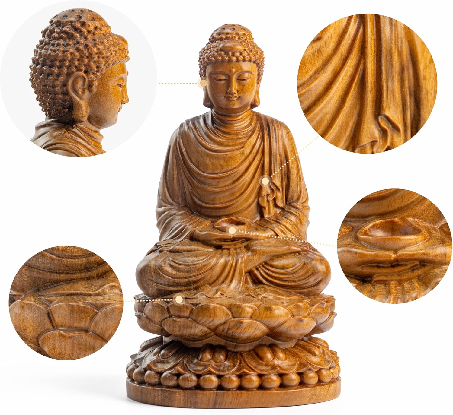 Wooden Buddha Statue with Gift Box and 108 Bead Mala - Hand Carved Shakyamuni Buddha 15cm/6in for Meditation, Altar, Zen Decor - Buddhist Spiritual Gift Set for Peace and Mindfulness