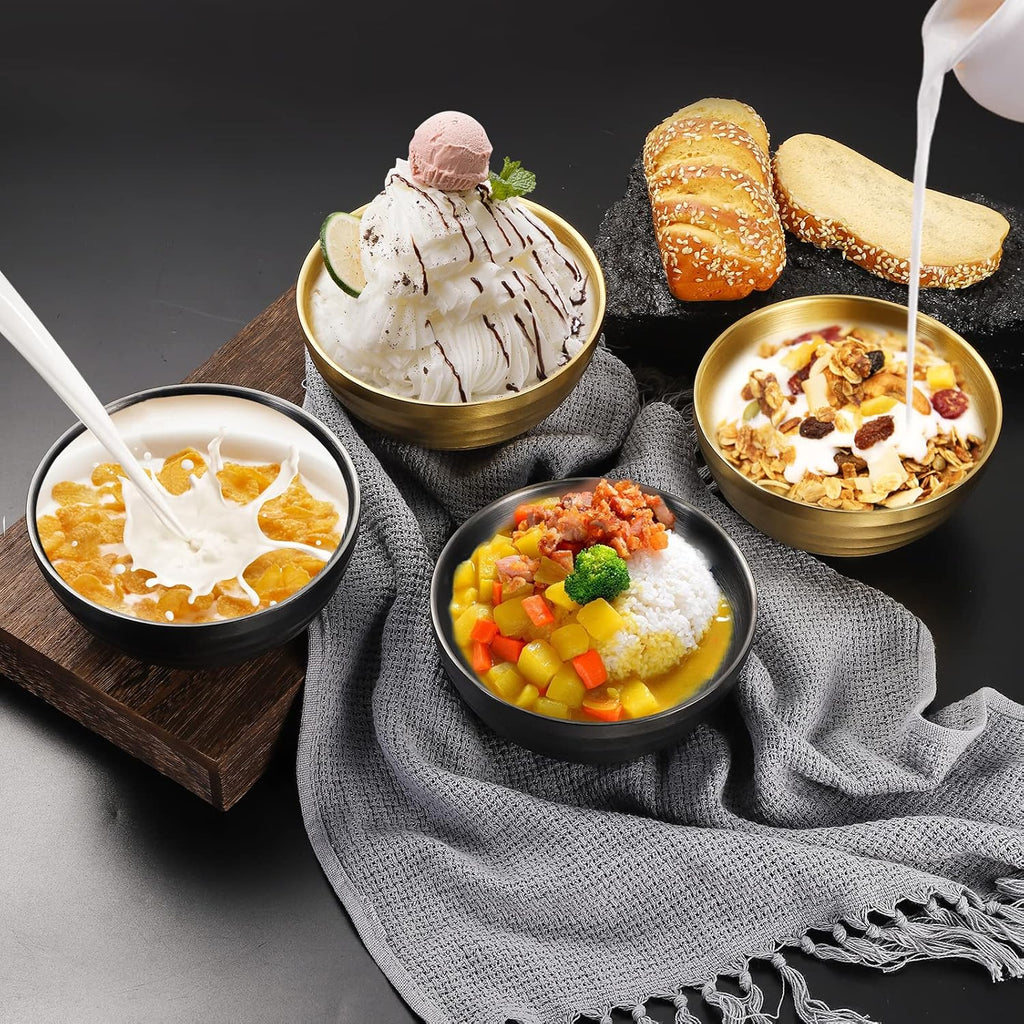 4er Edelstahl Schüsseln Doppelschicht Isolierte Nudelsuppe Schüssel Reis Schüssel Salat Schüssel Müslischalen, Schüsseln für Obst Getreide Snack Vorspeise, Geschirrspüler Sicher (Gold&Schwarz,14cm)