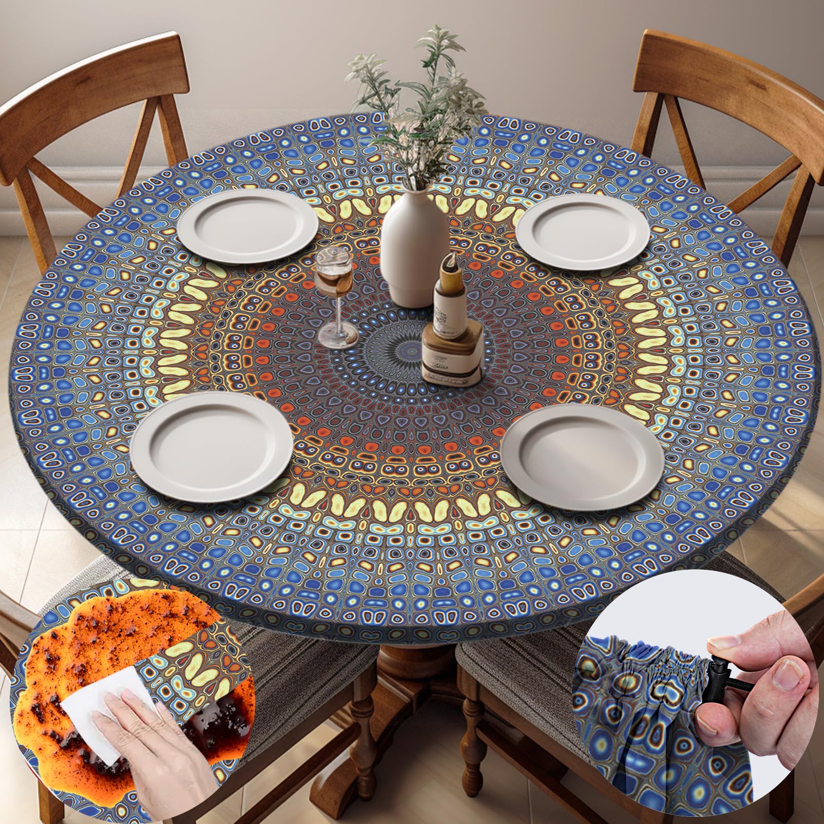 opstellen Fitted Round Tablecloth Waterproof Table Cloth Vinyl Indoor Outdoor Circle Cover for 36-44" Tables Dining Kitchen Apartment Home Party Gear Gifts Summer Fall Patio Picnic Camping Essentials