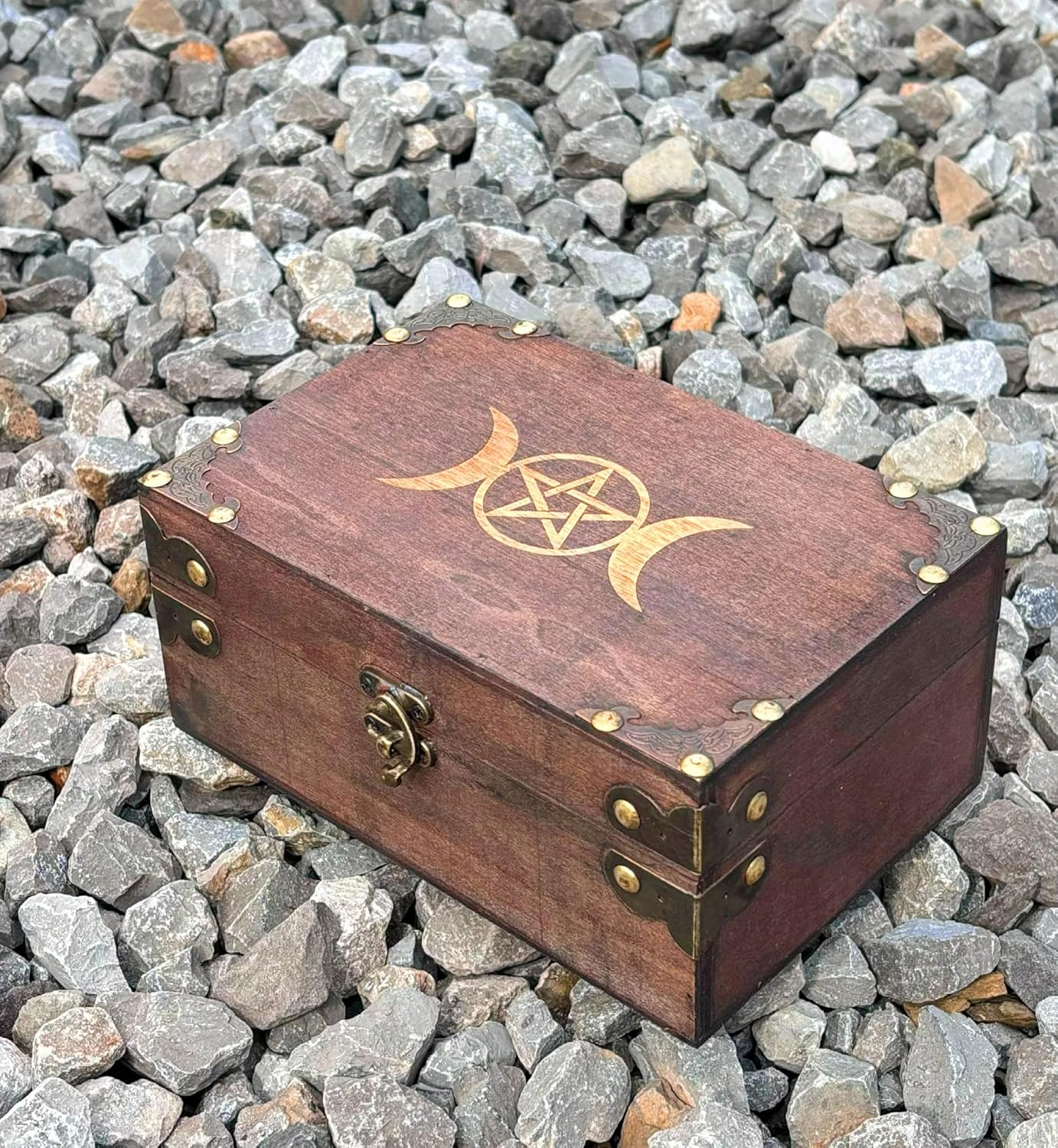 Triple Moon Goddess Pentagram Engraved Wooden Chest with Velvet Lining Wiccan Accessories and Tool Storage Keepsake Jewelry Organizer