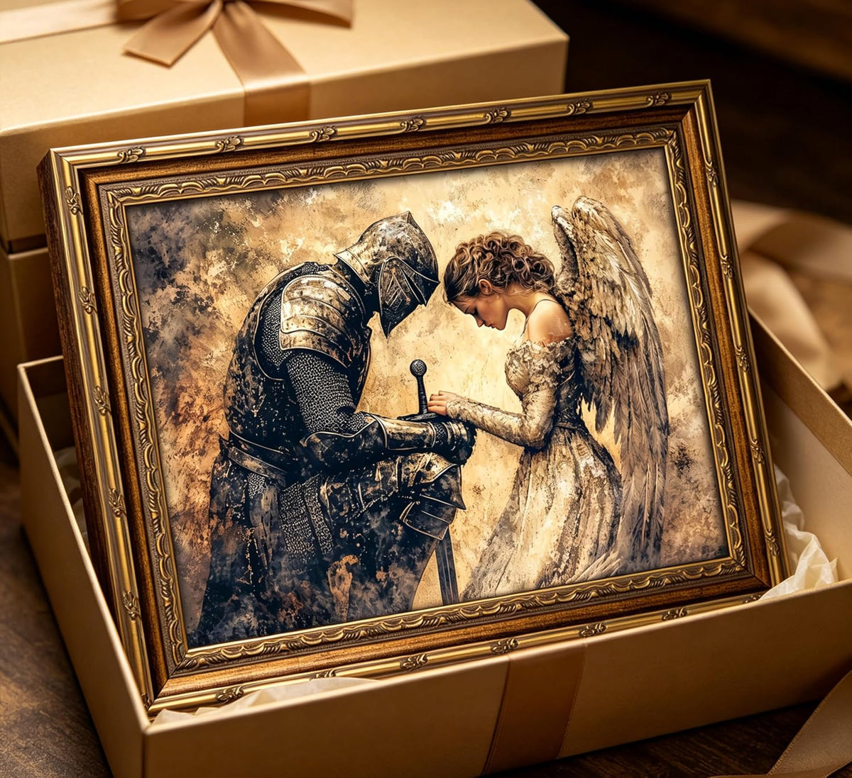 Vintage Gold Framed Medieval Knight Wall Art, Retro Fantasy Warrior Angel Oil Painting Canvas Print, Antique Gothic Romantic Wall Decor, Dark Academia Poster Artwork for Bedroom Living Room