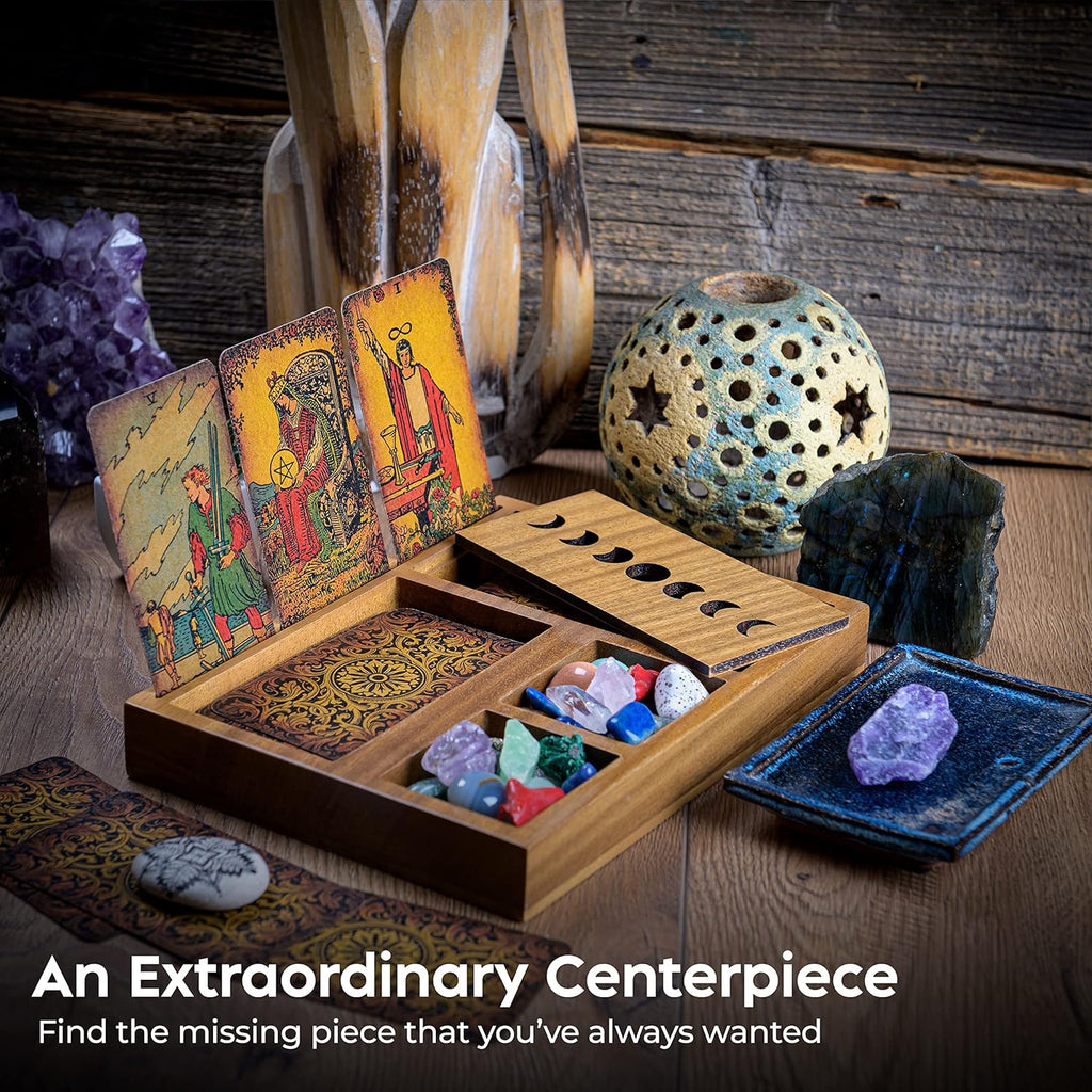 Curawood Tarot Card Holder Box for Immersive Readings - 3 Tarot Card Stand & Crystal Holder - Moon Phase Design Tarot Display Deck Holder & Crystal Tray - Witchcraft Decor - Wiccan Altar Supplies