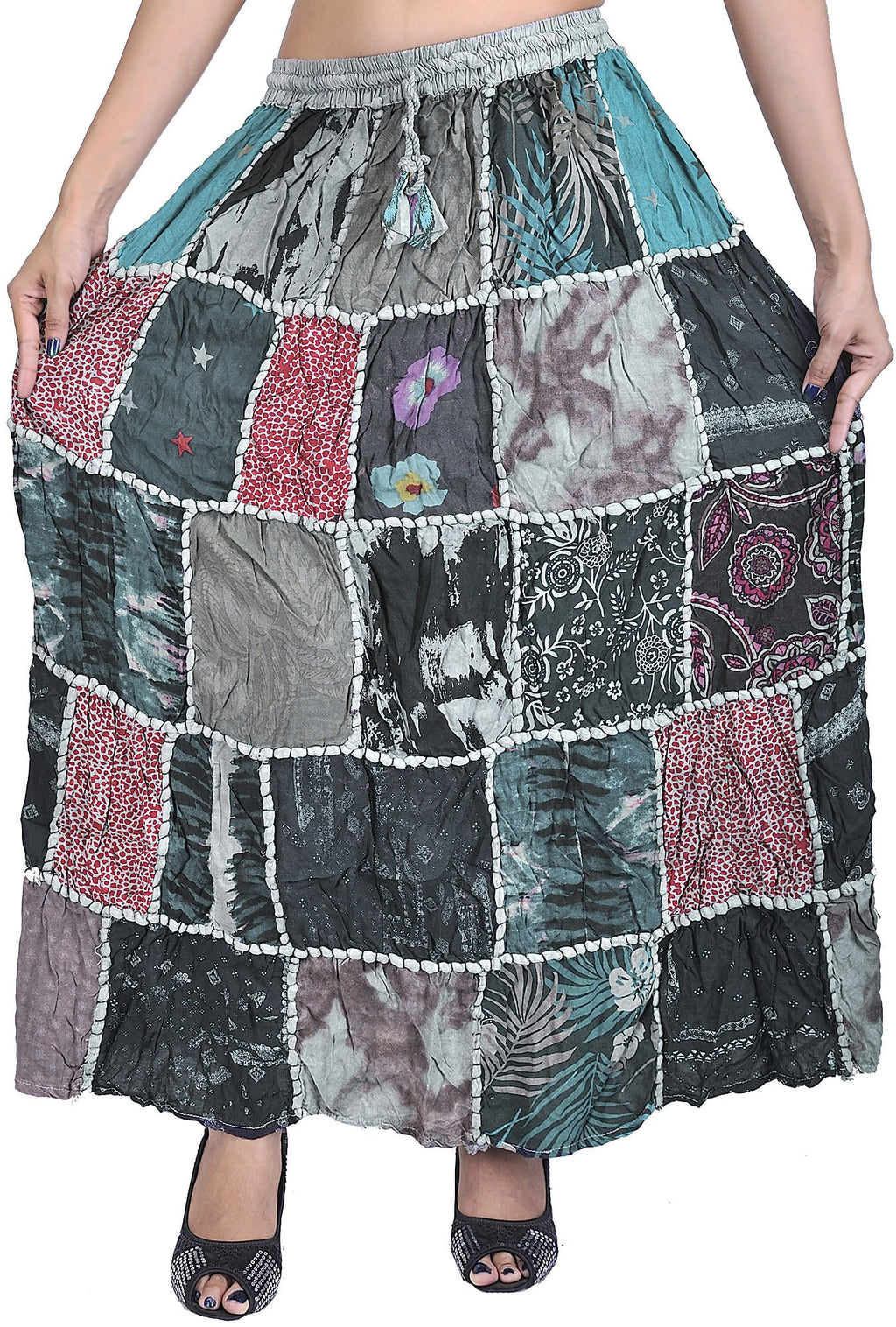 Exotic India Long Printed Dori Skirt from Gujarat with Patch Work - Rayon