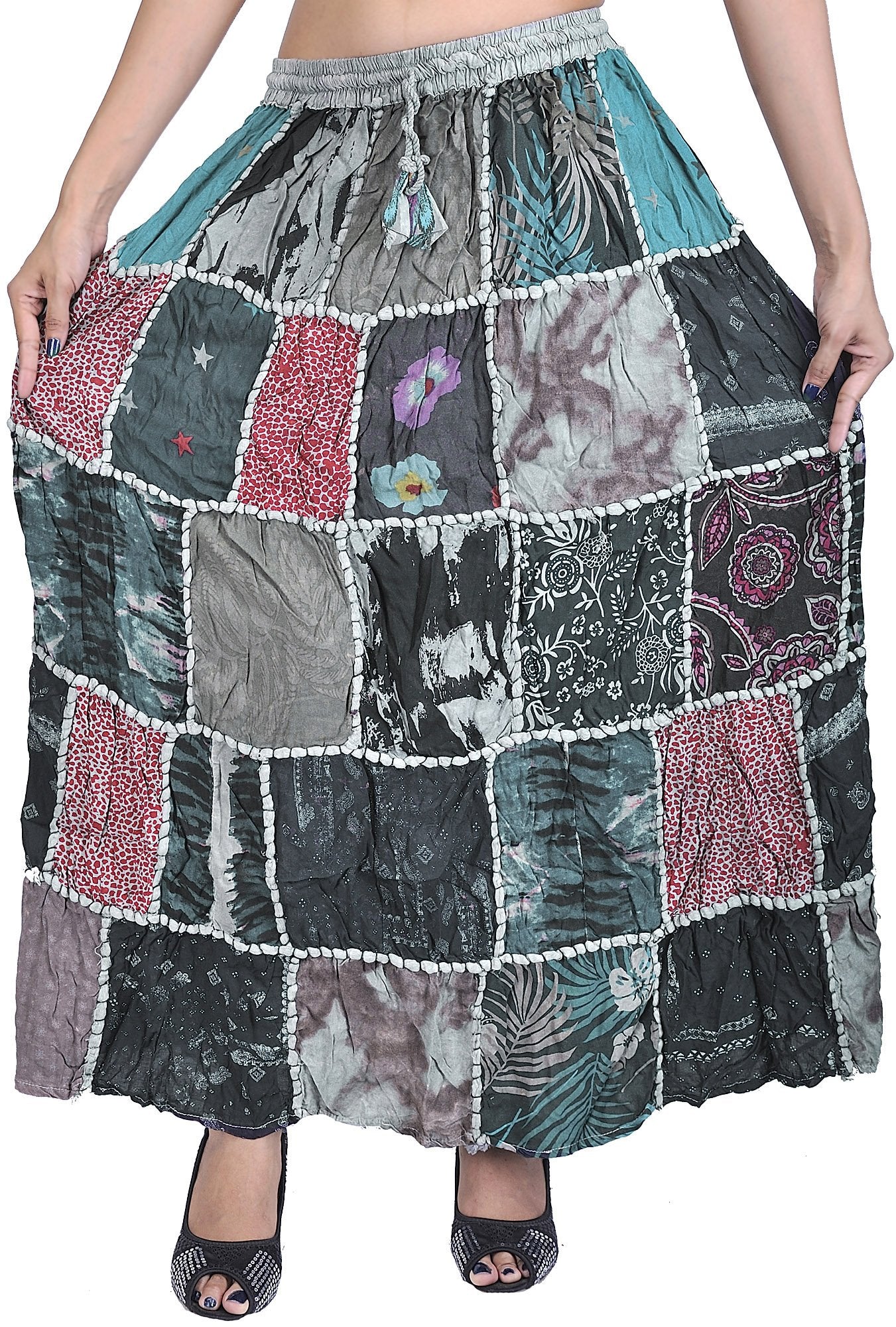 Exotic India Long Printed Dori Skirt from Gujarat with Patch Work - Rayon