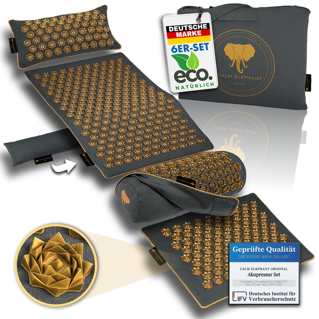 CALM ELEPHANT ORIGINAL® Akupressurmatte mit Kissen XXL Set GENUINE 5-teilig, Massagematte Rücken, Verspannungen lösen, Akupunktur Matte, Kissen mit Wärmefunktion, Lendenkissen, Fußmatte & Tasche, grau