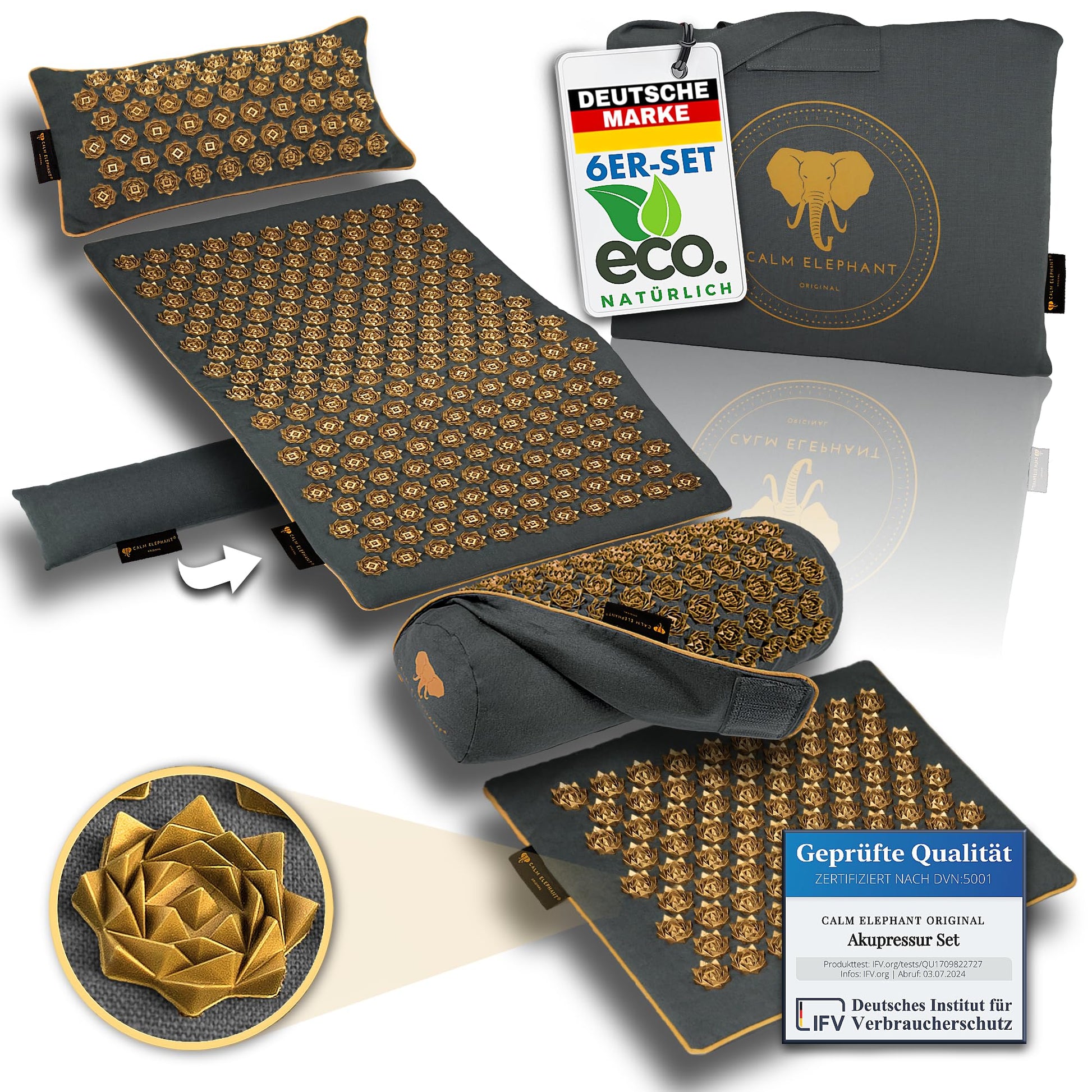 CALM ELEPHANT ORIGINAL® Akupressurmatte mit Kissen XXL Set GENUINE 5-teilig, Massagematte Rücken, Verspannungen lösen, Akupunktur Matte, Kissen mit Wärmefunktion, Lendenkissen, Fußmatte & Tasche, grau