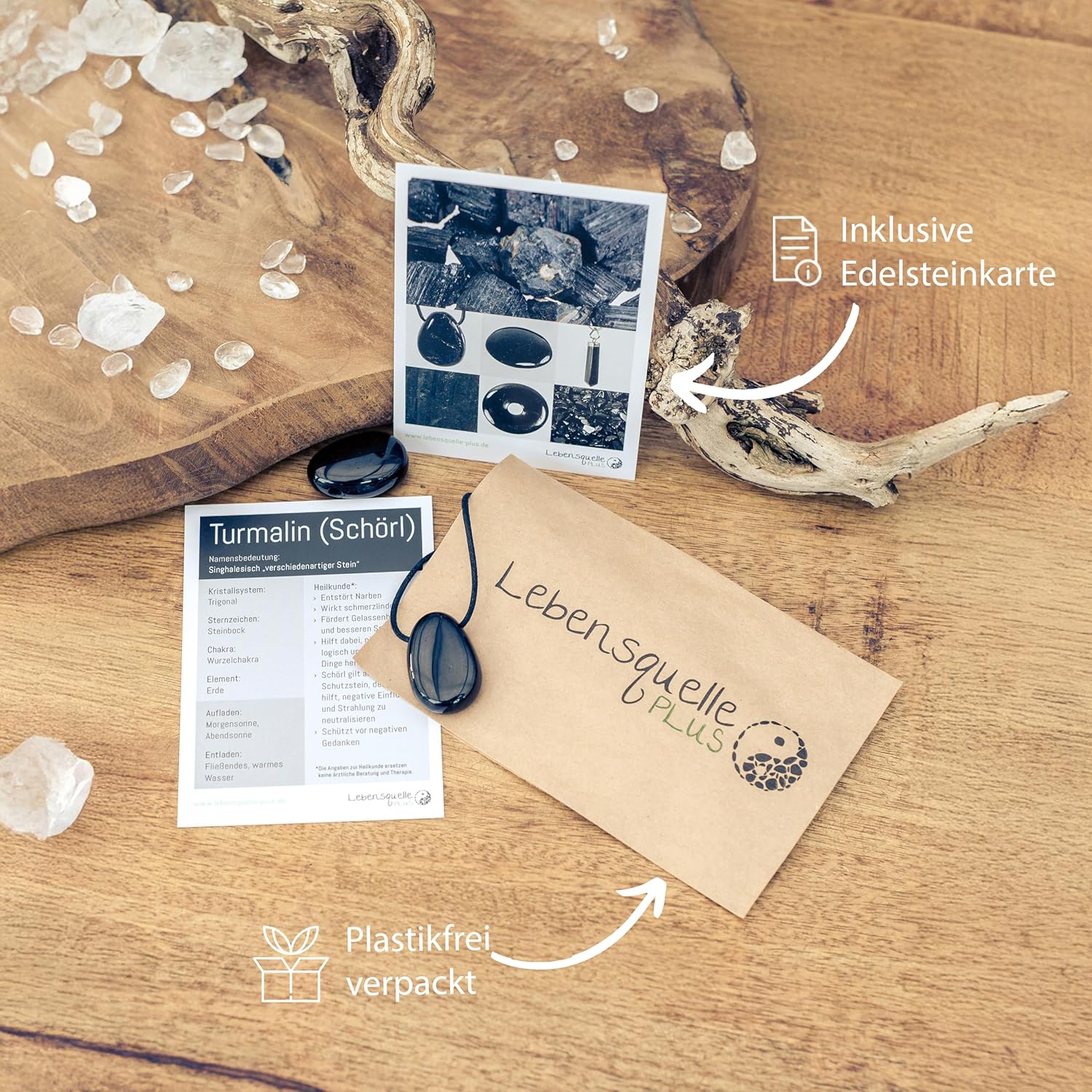 Lebensquelle Plus Black Tourmaline Schörl Drop Pendant Tumbled Stone Drilled with Leather Cord