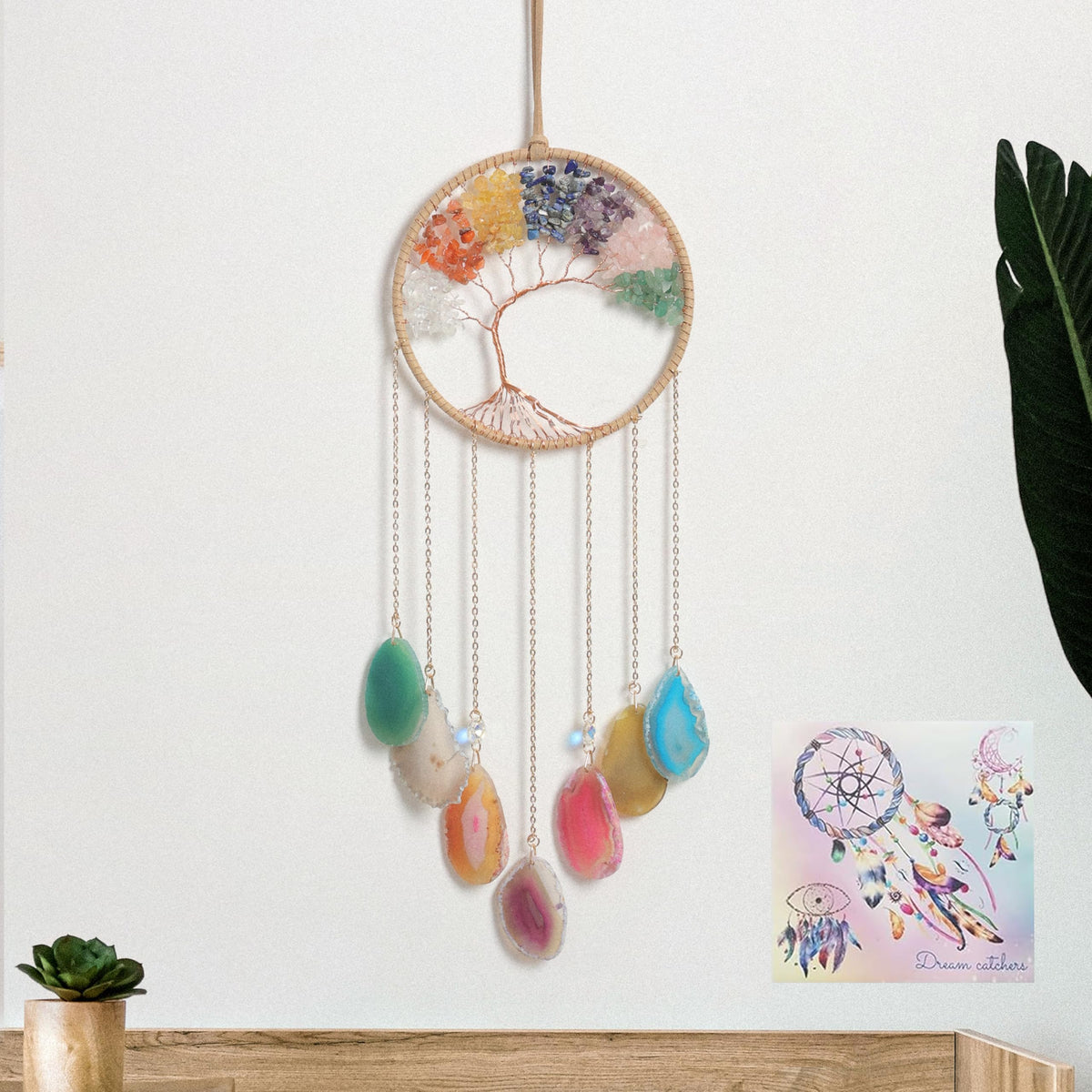 Tree of Life Dream Catcher with Natural Stone Boho Wall Hanging Decor