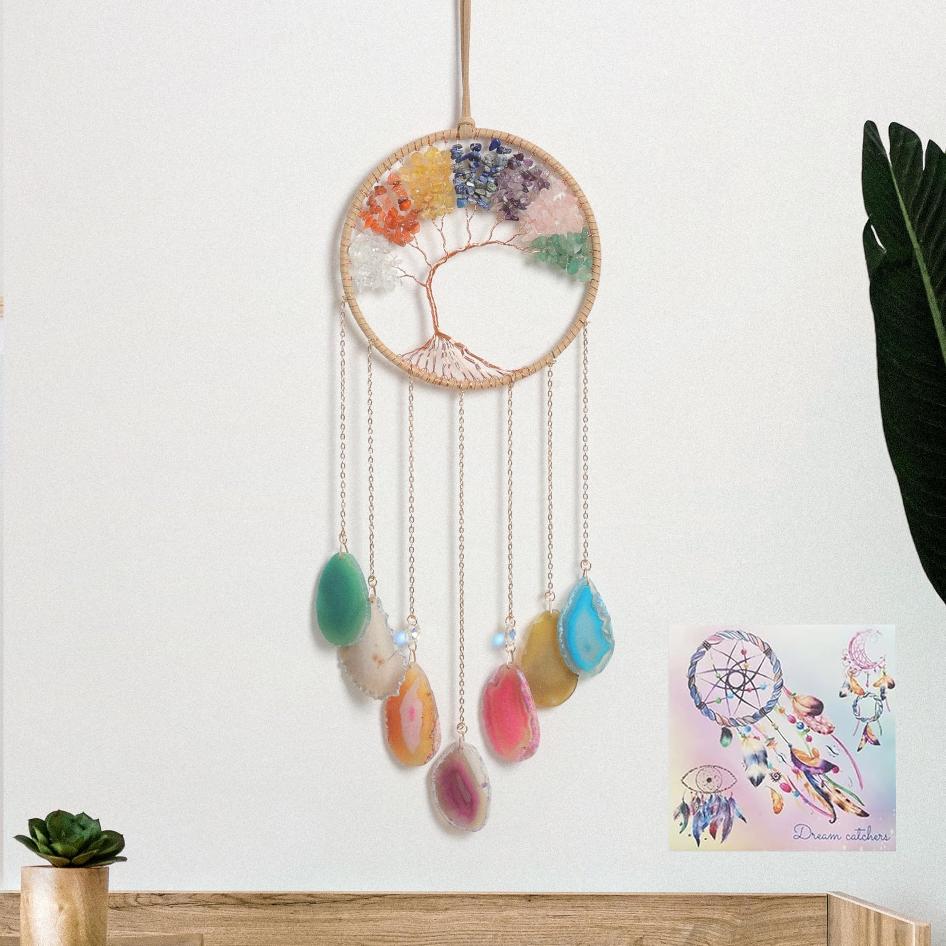 Moon Agate Dream Catcher Handmade Tree of Life Wall Decor with Stones