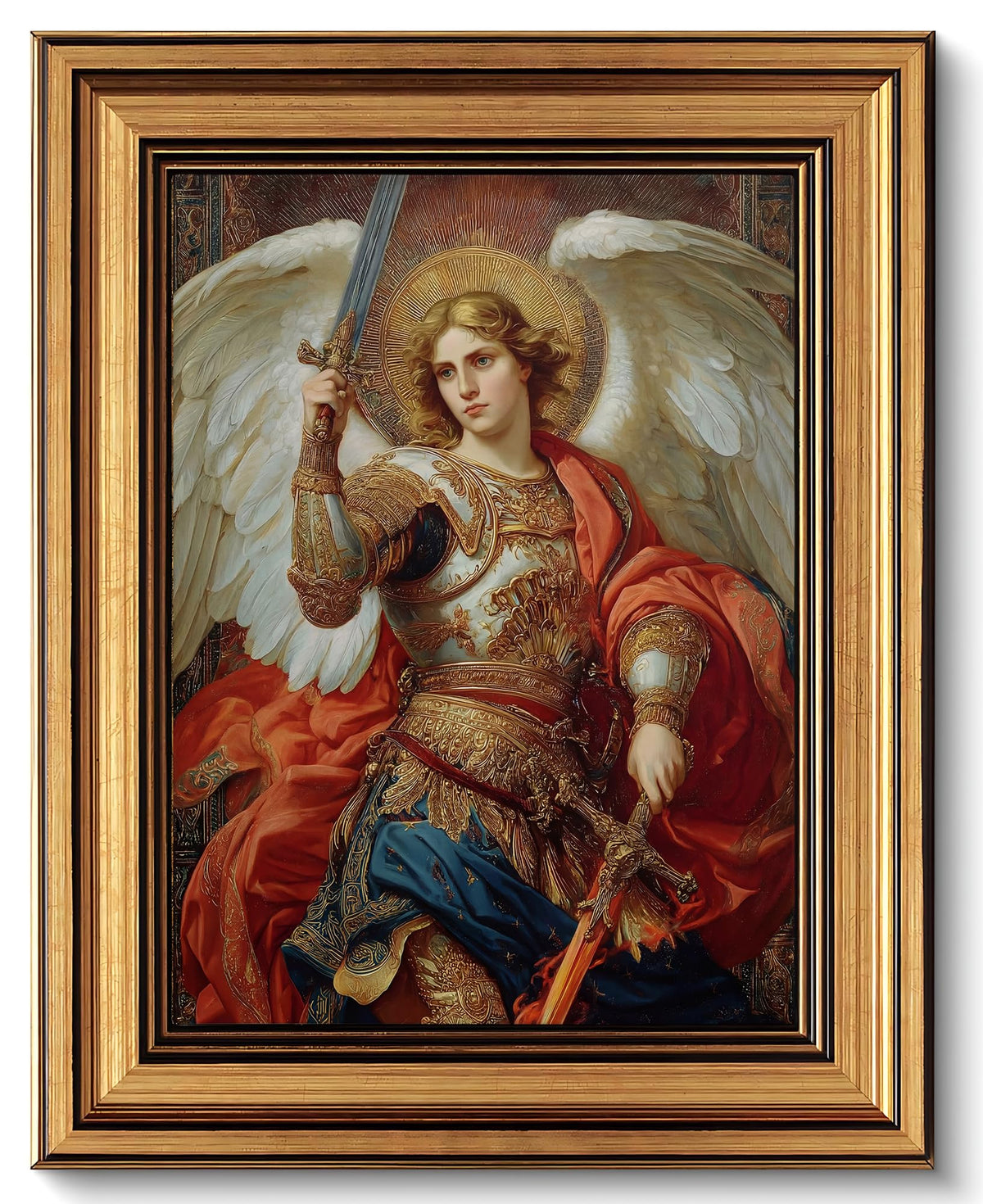 Gold Framed Archangel Michael Canvas Wall Art Vintage Framed Christian Christianity Painting Picture Wall Decor Catholic Saints Poster Print Artwork for Prayer Room Church Home Decoration 9inx11in