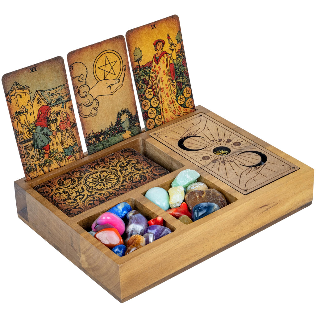 Curawood Tarot Card Holder Box for Immersive Readings - 3 Tarot Card Stand & Crystal Holder - Moon Phase Design Tarot Display Deck Holder & Crystal Tray - Witchcraft Decor - Wiccan Altar Supplies