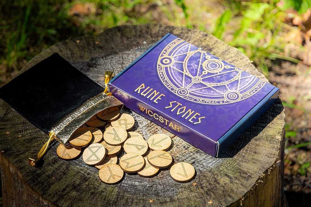 wiccan star Runen Steine ​​Set (25 Stück) mit Geschenkbeutel mit Bedeutung & 5 Runen orakel Technik (auf Englisch)