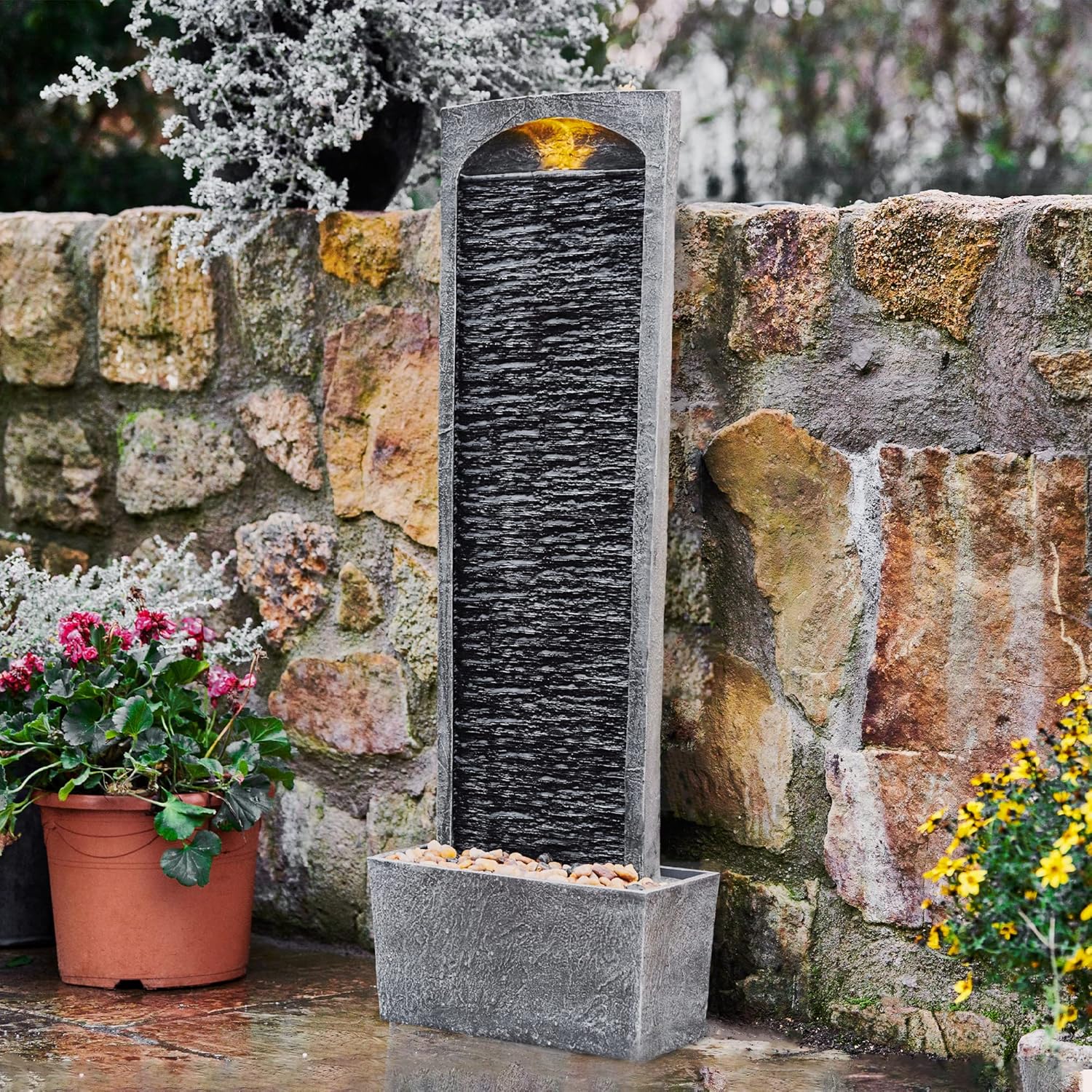 Peaktop RJ-19041-EU Garden Patio Stone 38 Inch Upright Waterfall Fountain