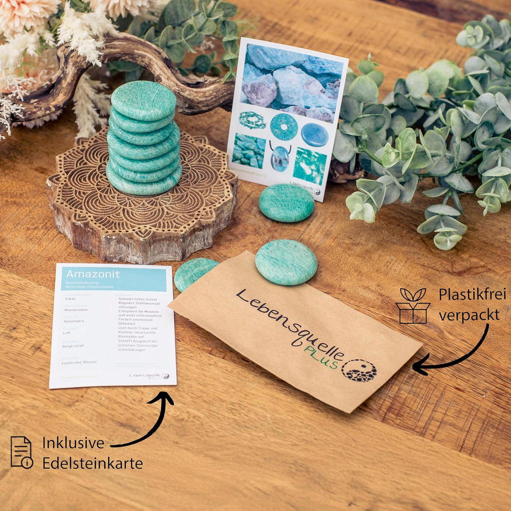 Amazonite Gemstone Disc Stone 3-5 cm + Gemstone Card | Worry Stone Pocket Stone Massage Stone Lebensquelle Plus