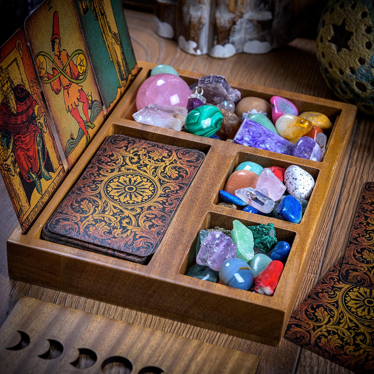 Curawood Tarot Card Holder Box for Immersive Readings - 3 Tarot Card Stand & Crystal Holder - Moon Phase Design Tarot Display Deck Holder & Crystal Tray - Witchcraft Decor - Wiccan Altar Supplies